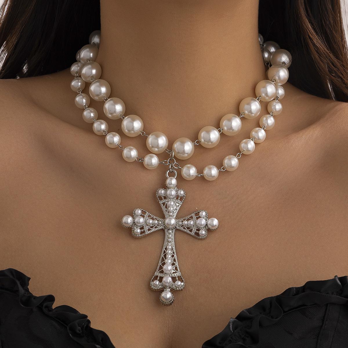 Goth Simulation Pearl Cross Pendant Necklace for Women Y2k Gothic Jewelry Chokers Cross Party Jewelry Gifts