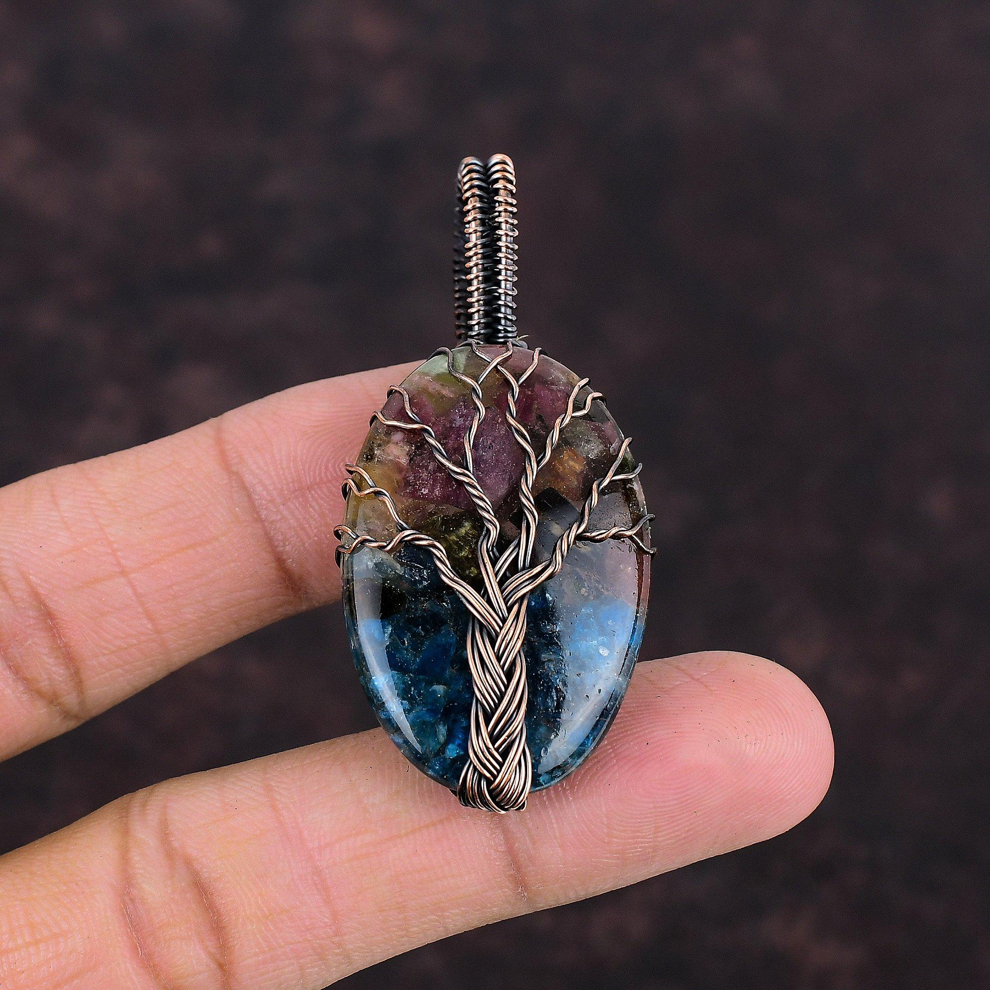 Arborele vieții Pepene verde Turmalină Pandantiv înfășurat cu sârmă Pandantiv cu pietre prețioase Pandantiv din cupru Bijuterii învelite în sârmă Cadou pentru el Pandantive lucrate manual