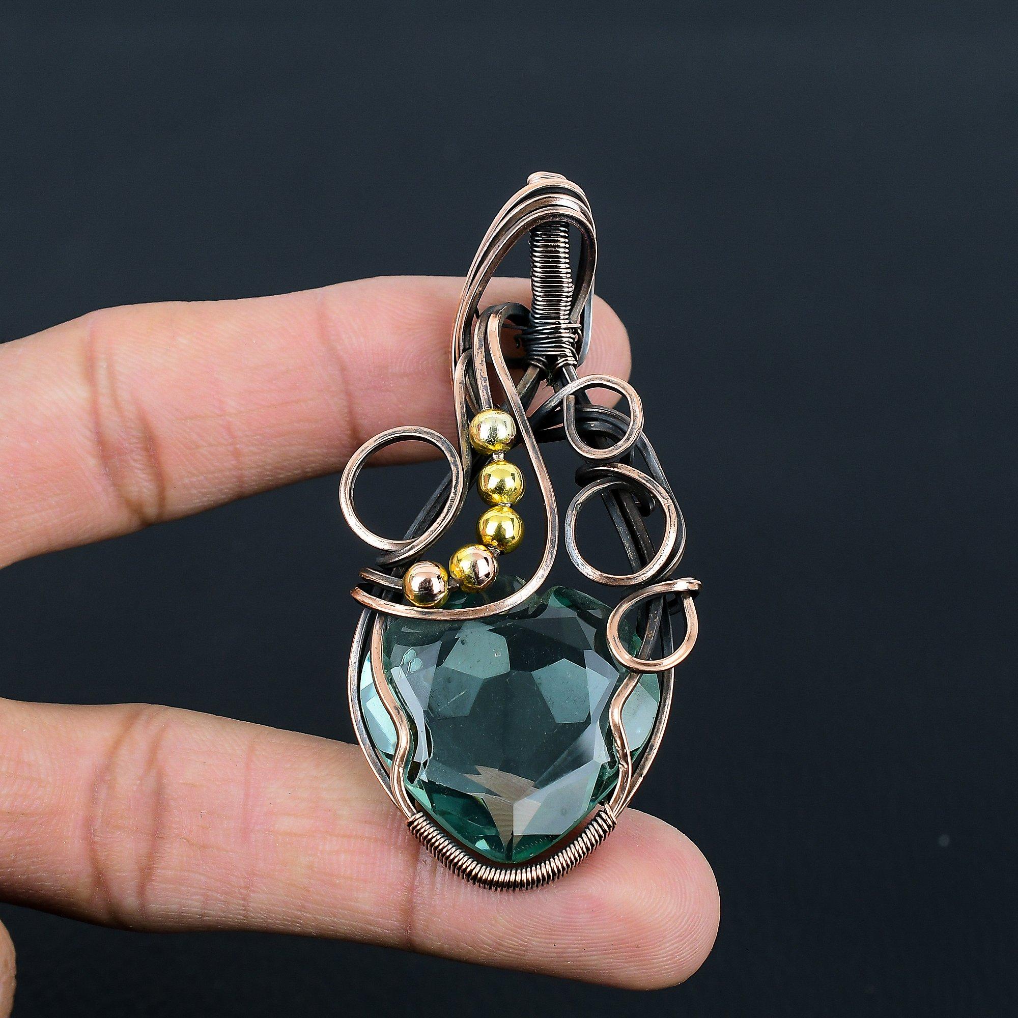 Aquamarine Gemstone Handmade Pure Copper Wire Wrap Jewelry Pendant For Thanksgiving