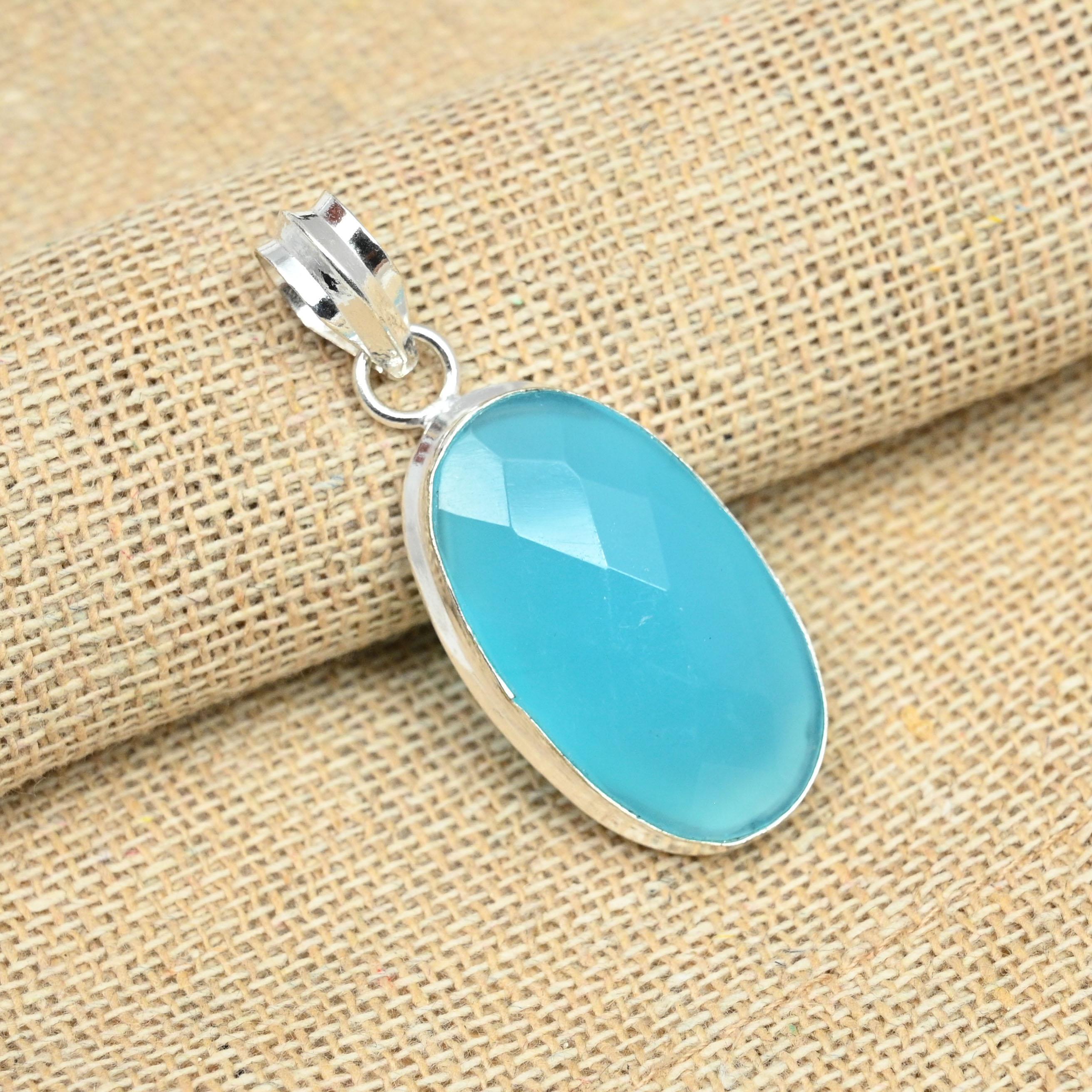 Unique Blue Chalcedony Gemstone Pendant 925 Sterling Silver Jewelry For Women