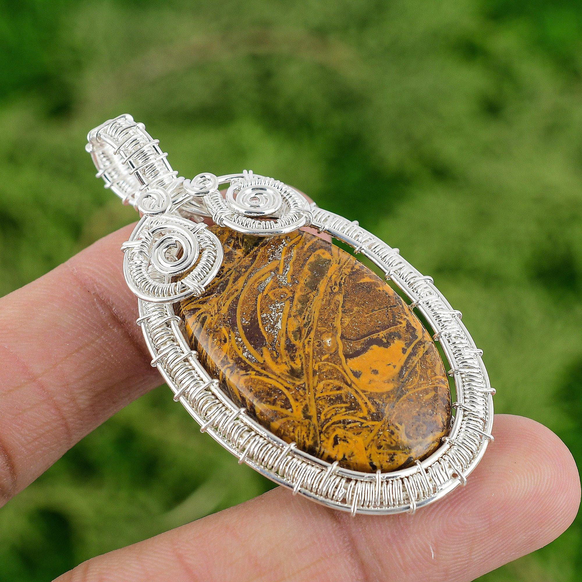 Daughters Day Deal Natural Mariam Jasper Wire Wrap Pendant Jewelry 925 Silver