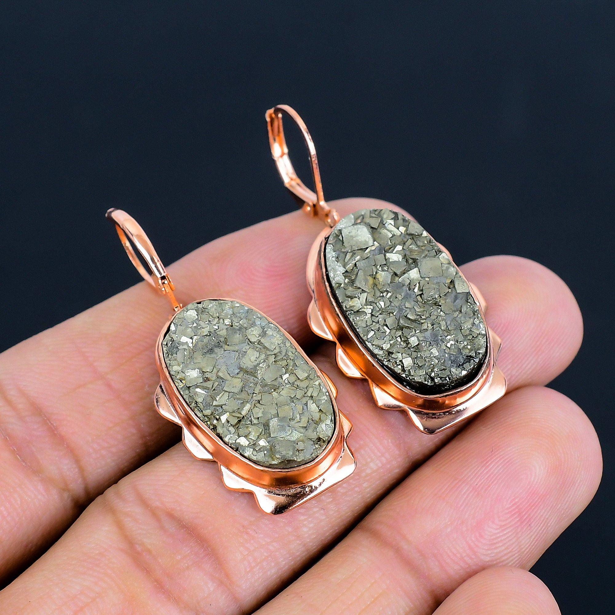 Pyrite Druzy Gemstone Handmade Copper Jewelry Amazing Earring For Her
