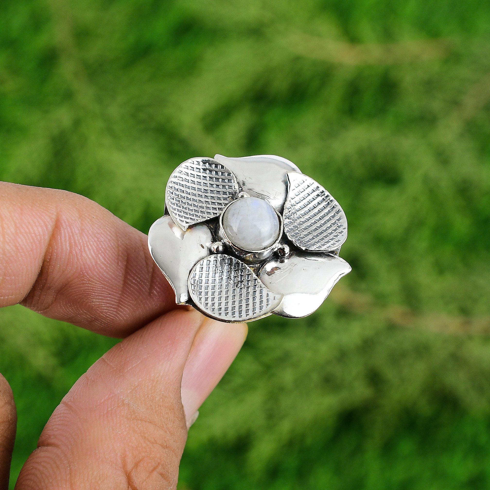 Multi Stone Flower Adjustable Ring 925 Silver Natural Rainbow Moonstone