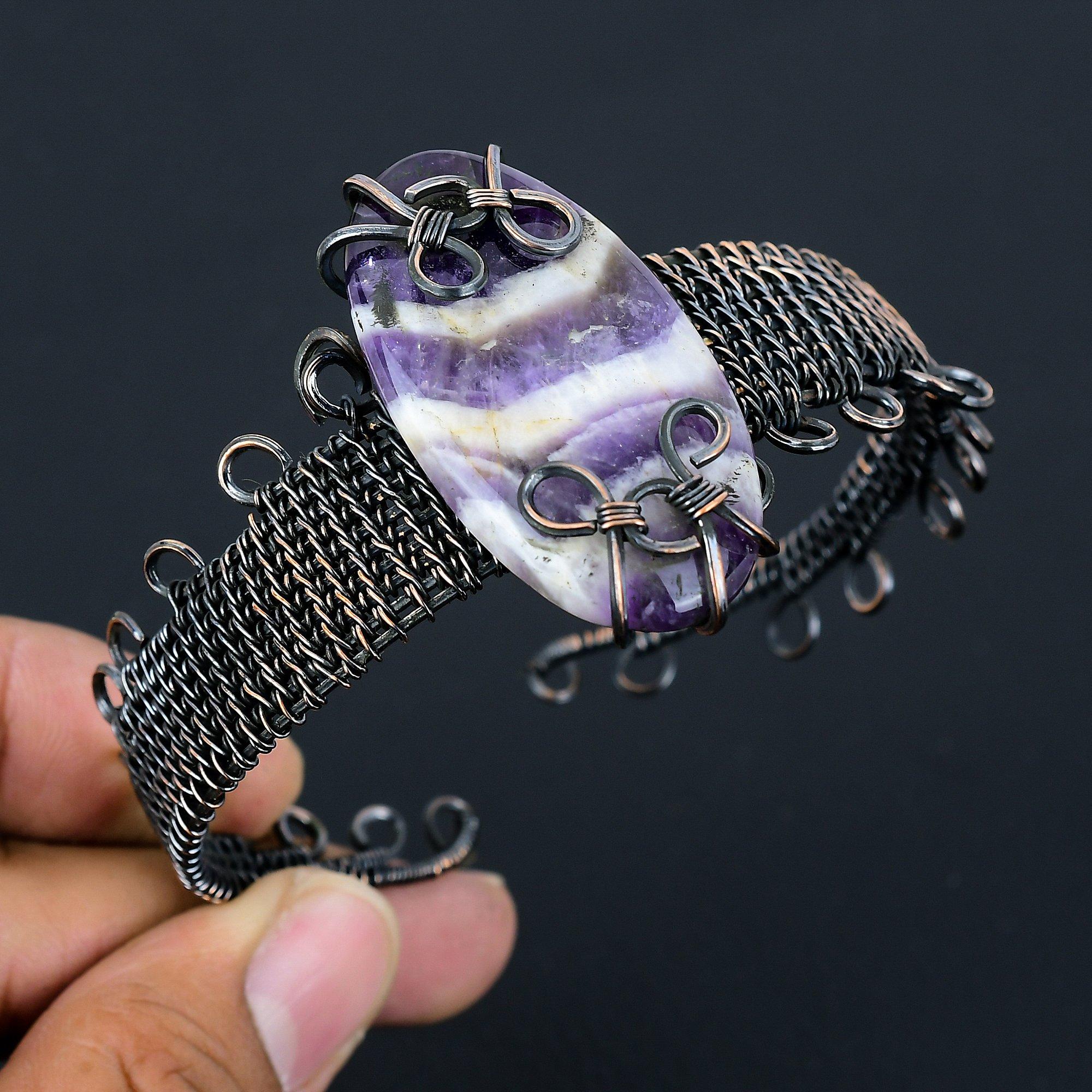 Salbei-Amethyst-Edelstein, reiner Kupferdraht, umwickelt, handgefertigter Manschetten-/Armreif-Schmuck als Geschenk