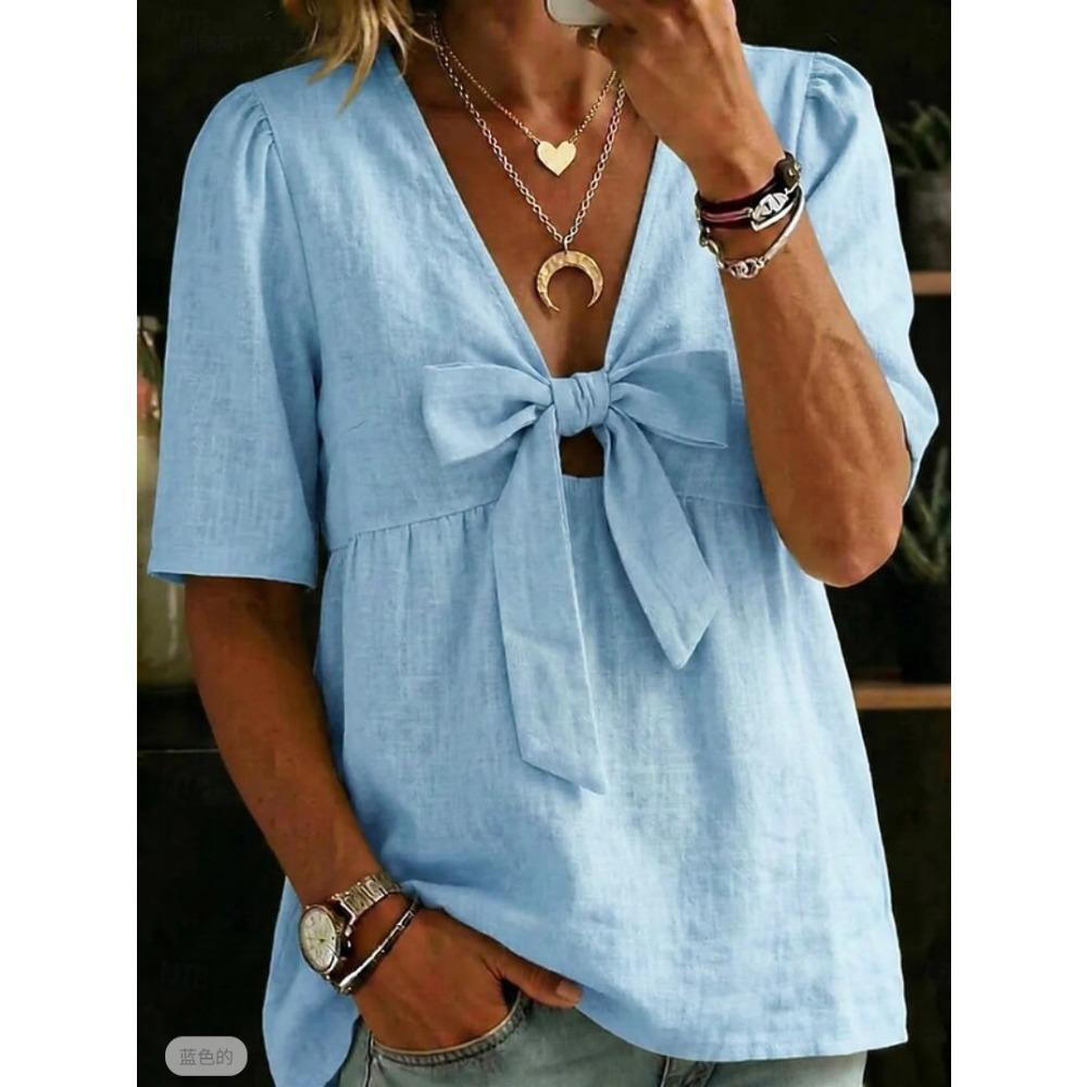 Women New Summer Fashion Loose Casual V-neck Tie Bow Blouse