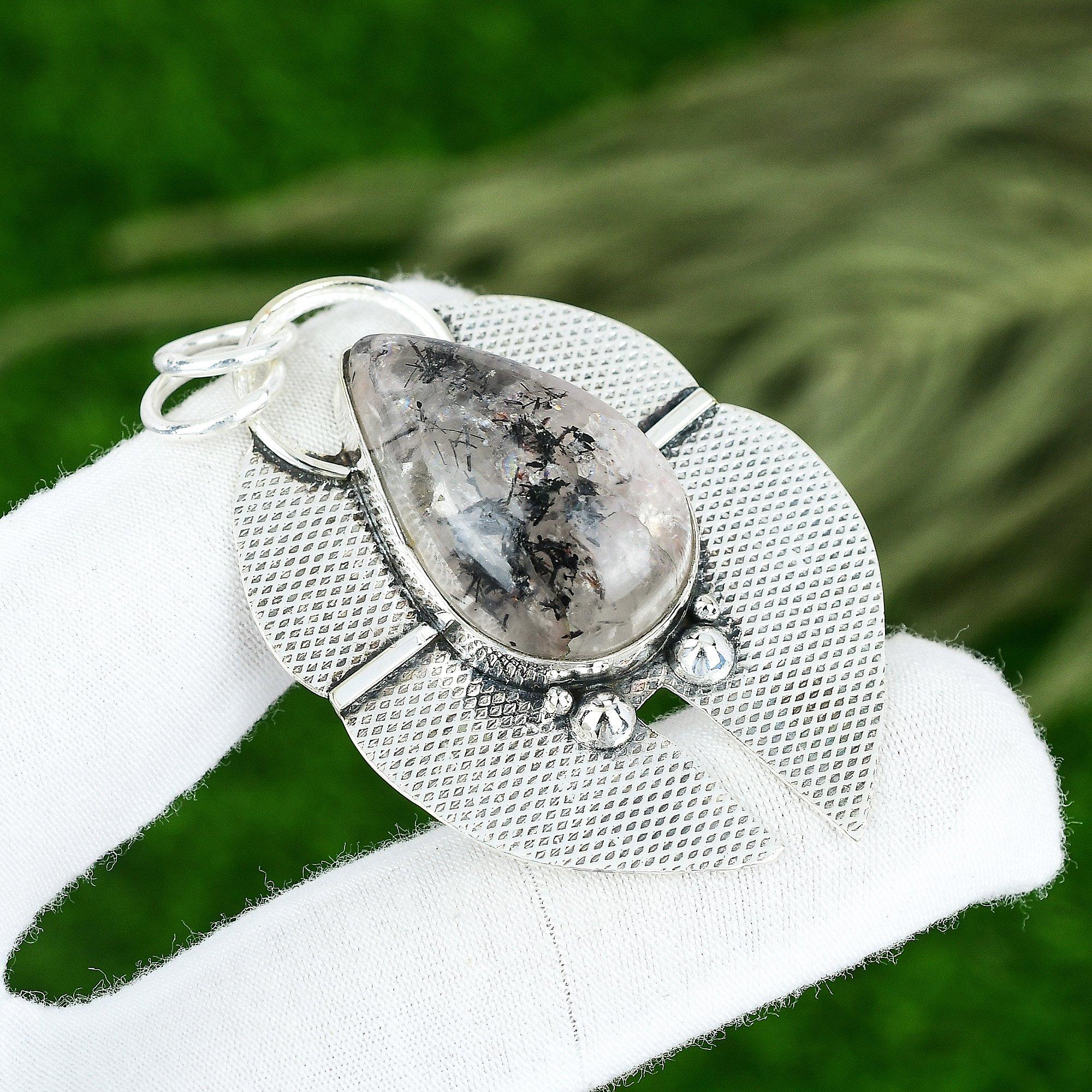 Natural Black Rutile Gemstone Pendant 925 Sterling Silver Jewelry For Women