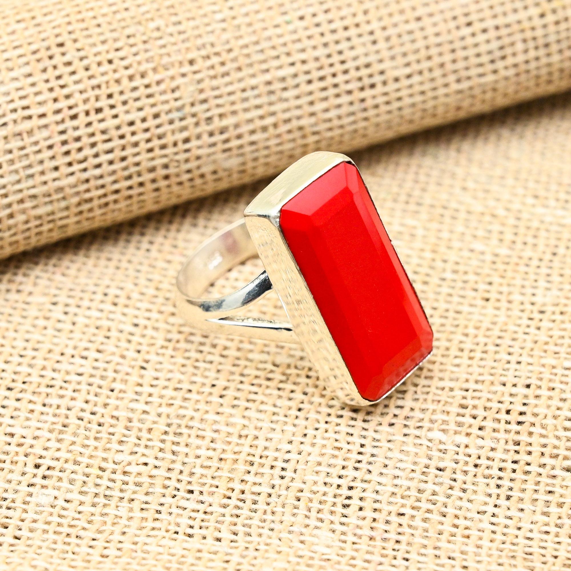 Dazzling Faceted Red Coral Gemstone Handmade 925 Solid Sterling Silver Jewelry Lovely Ring Foe Her