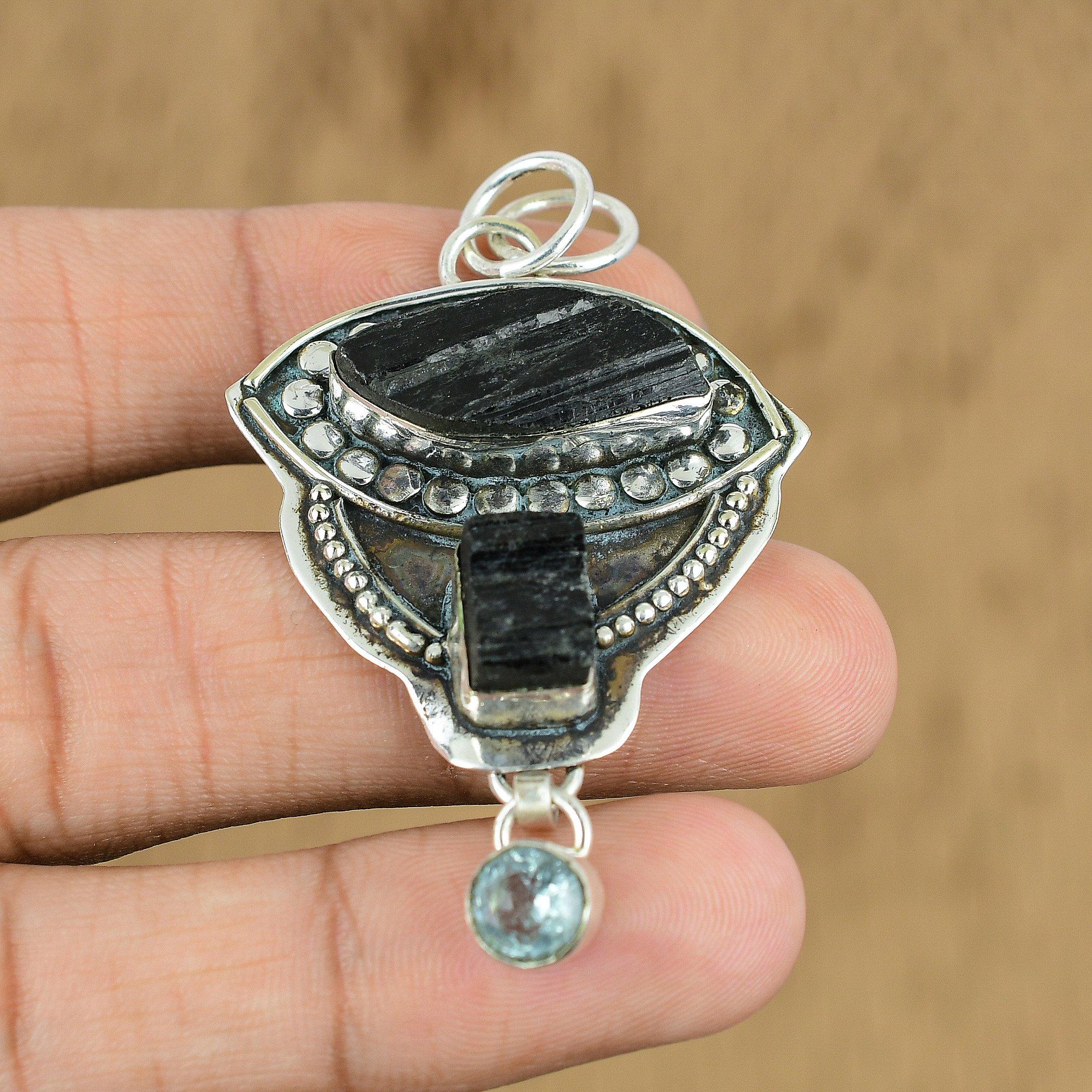 Gift For Her 925 Sterling Silver Natural Black Tourmaline Rough Gemstone Pendant