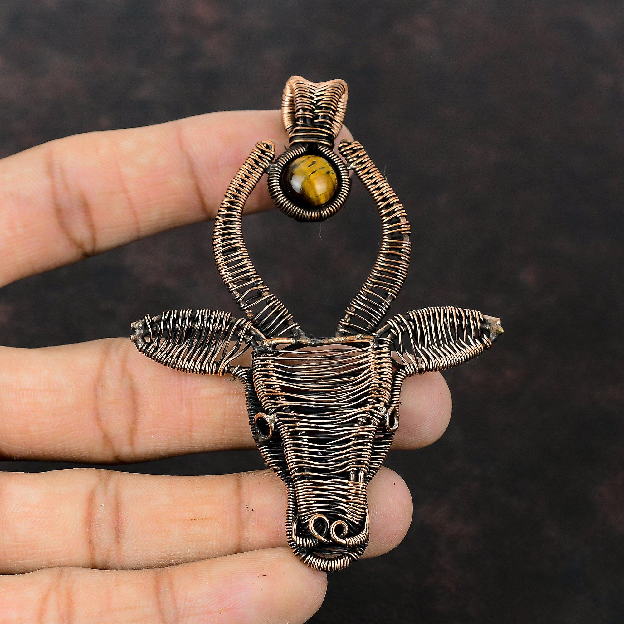 Tiger's Eye Pendant Copper Wire Wrapped Pendant Bull Face Pendant Natural Gemstone Jewelry Handmade Pendant Copper Wire Jewelry Gift For Mom