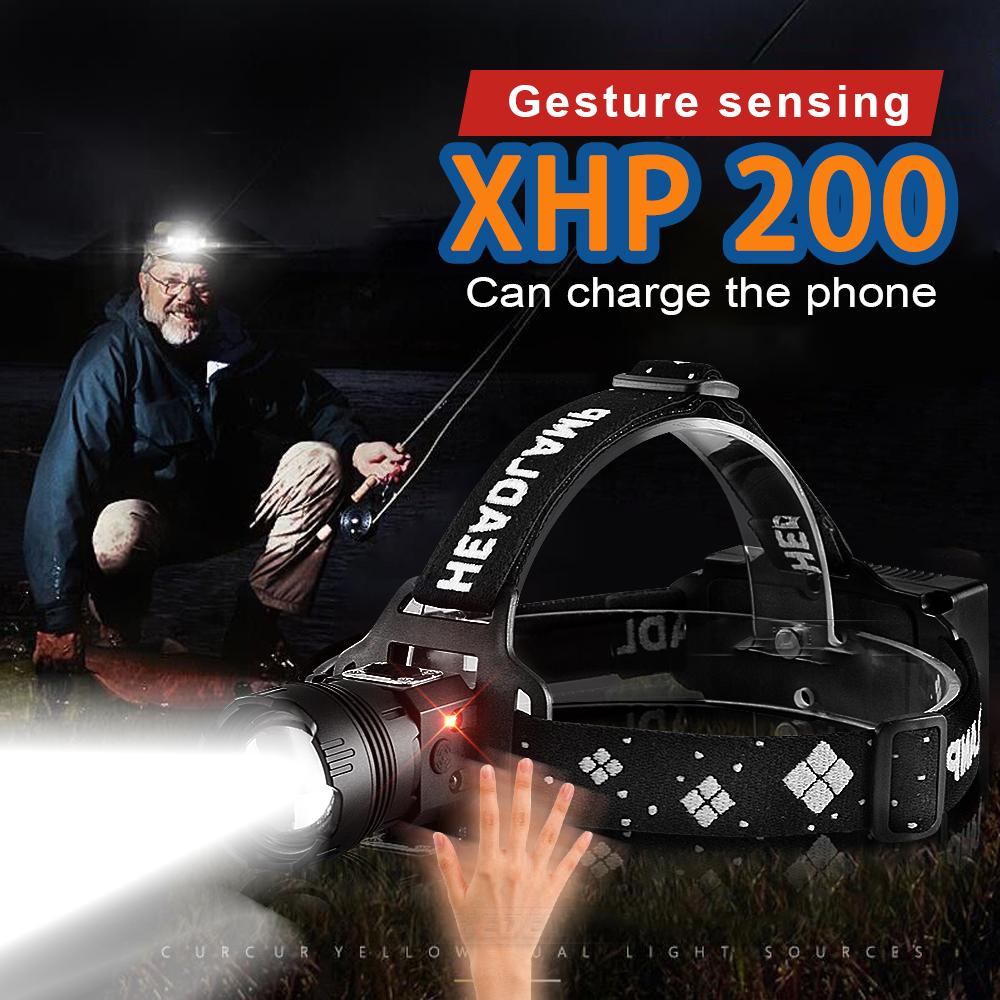 Super Bright XHP200 Headlamp Motion Sensor Headlight Rechargeable Lamp Zoomable Lantern Waterproof Head Flashlight