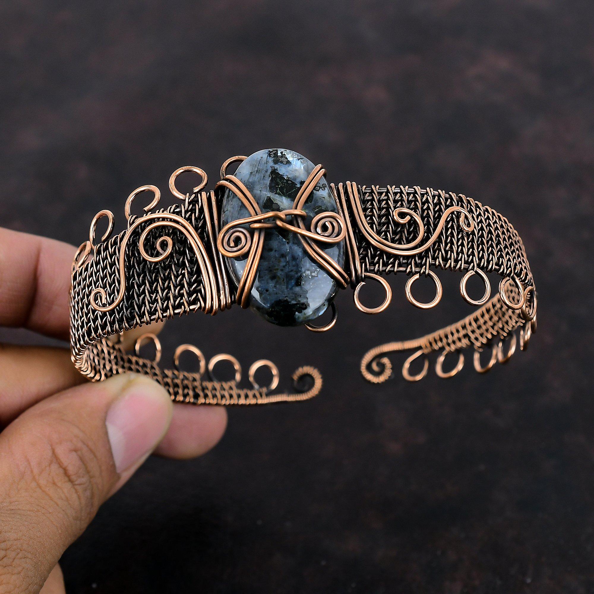 Larvikite Bangle Gemstone Cuff Bracelet Copper Wire Wrapped Bangle Handmade Bracelet Adjustable Cuff Bracelet Copper Jewelry Engagement Gift