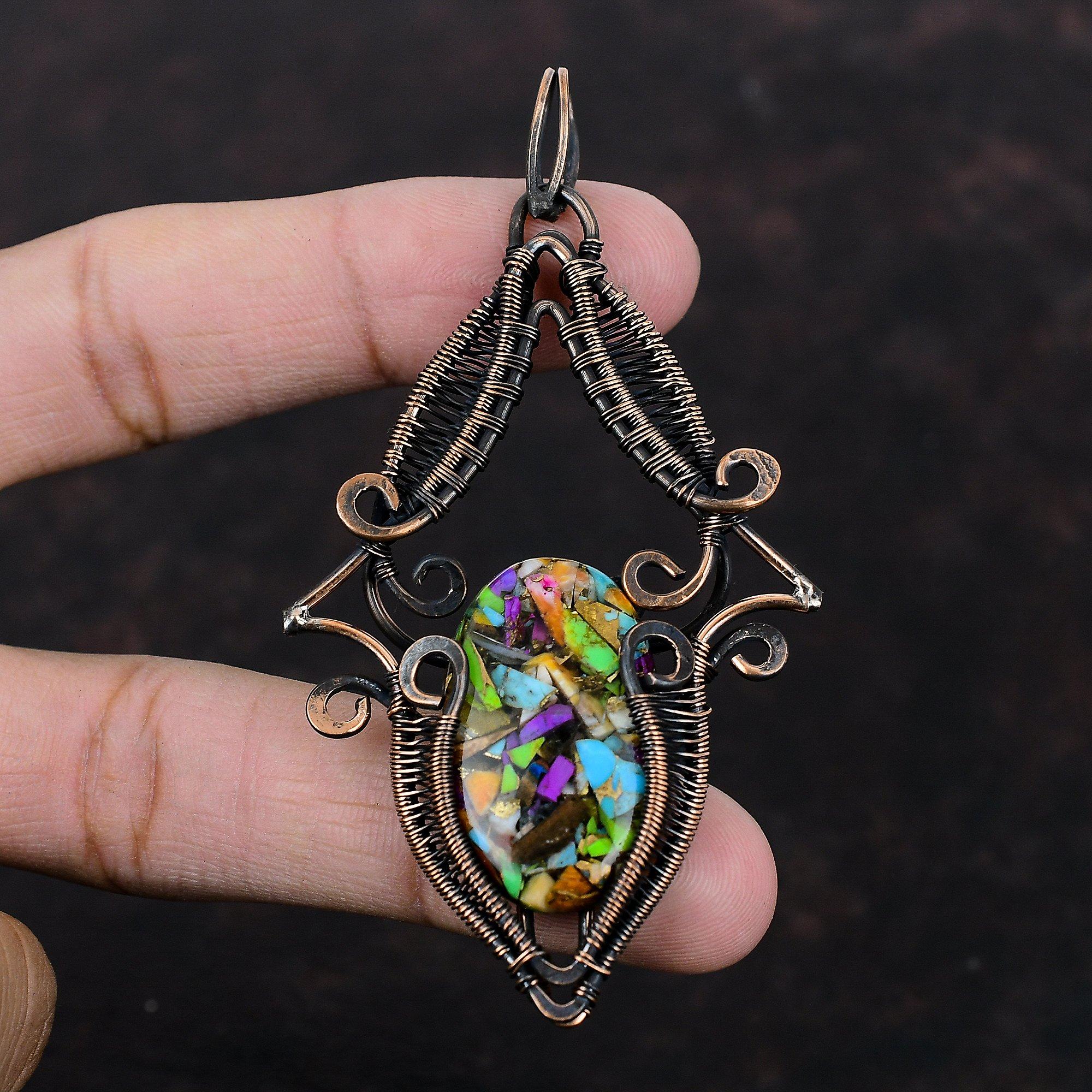 Pandantiv Fiesta Turcoaz Kingman Multi Pandantiv Turcoaz Cupru Pandantiv Înfășurat în Sârmă de Cupru Bijuterii cu Pietre Prețioase Pandantiv Făcut Manual Bijuterii din Cupru