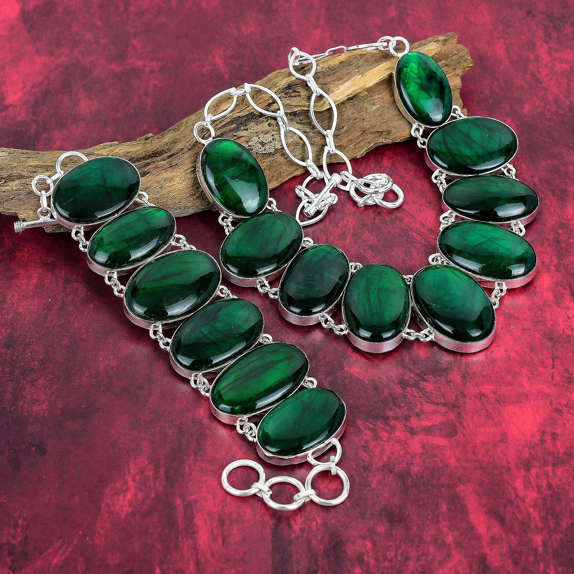 Green Flash Labradorite Gemstone Jewelry, 925 Solid Sterling Silver Bracelet & Necklace Jewelry Set For Her, Handmade Natural Jewelry For Her