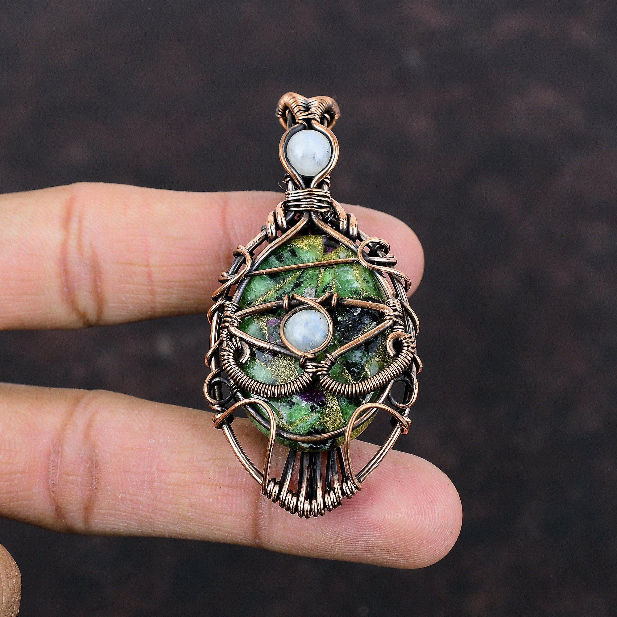 Evil Eye Copper Ruby Zoisite Pendant Copper Wire Wrapped Pendant Moonstone Gemstone Pendant Copper Jewelry Anniversary Gift Handmade Pendant