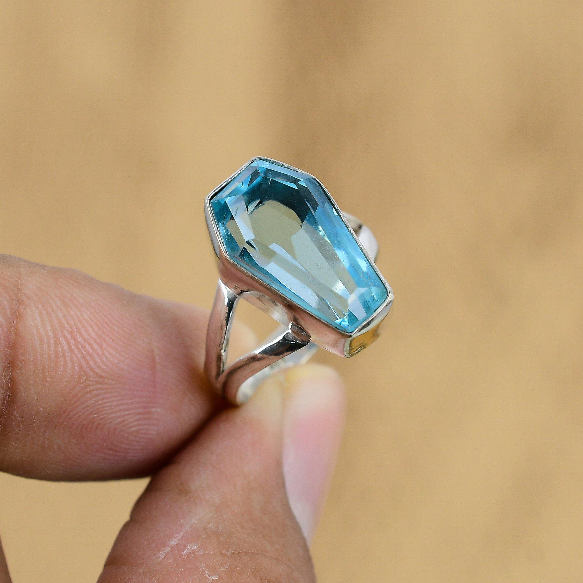 925 Sterling Silver Natural Swiss Blue Topaz Coffin Multi Stone Ring Size 7.75