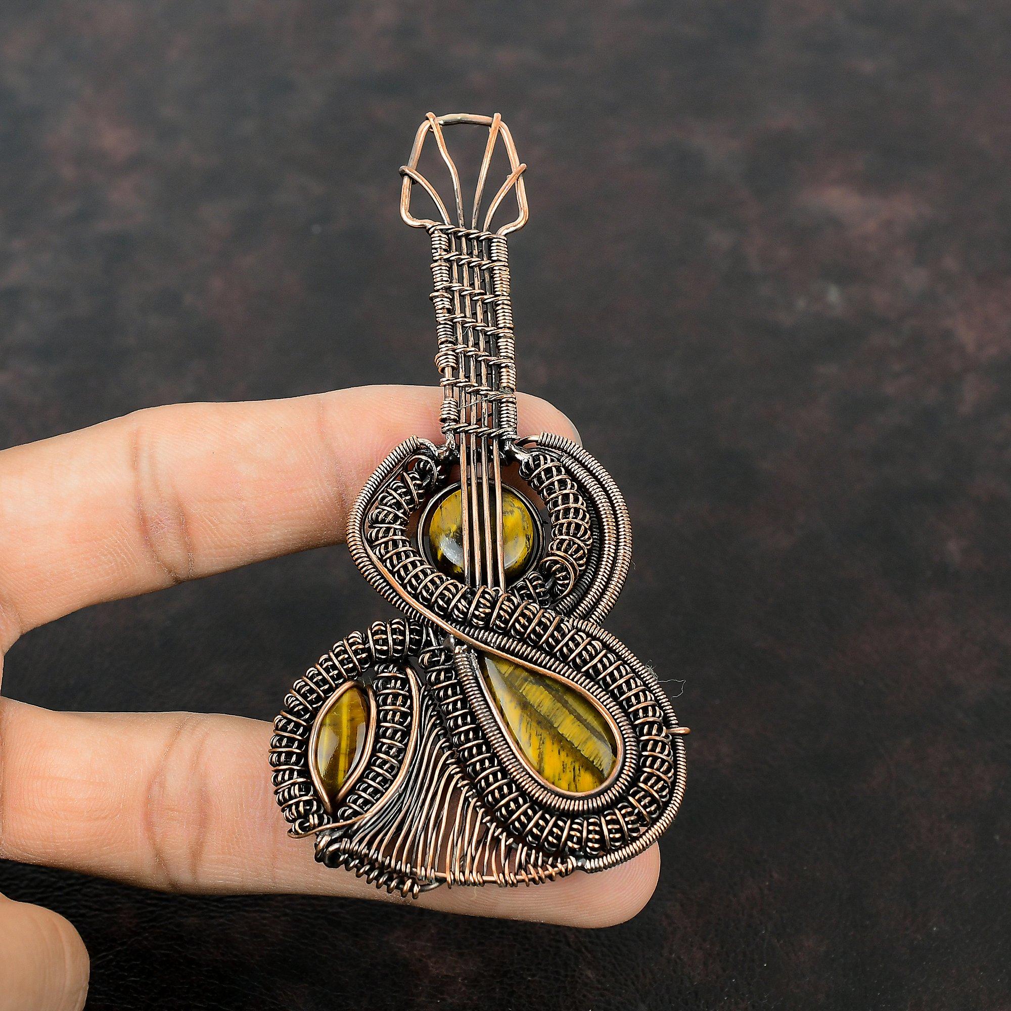 Tiger's Eye Pendant Copper Wire Wrapped Pendant Guitar Pendant Gemstone Tiger's Eye Jewelry Handmade Pendant Anniversary Gift Copper Jewelry