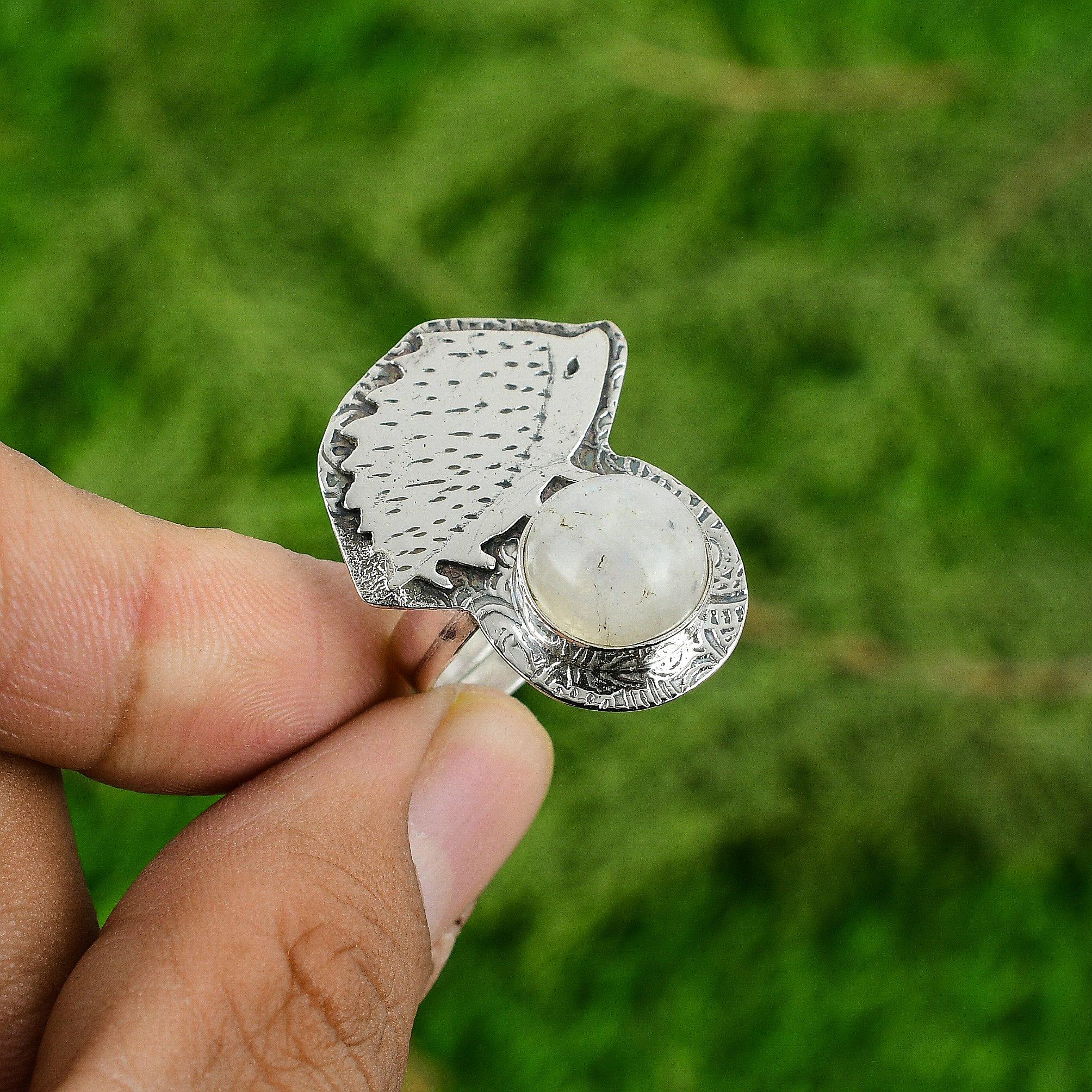 Round Natural Rainbow Moonstone Mother Promise Wedding Ring Jewelry 925 Silver