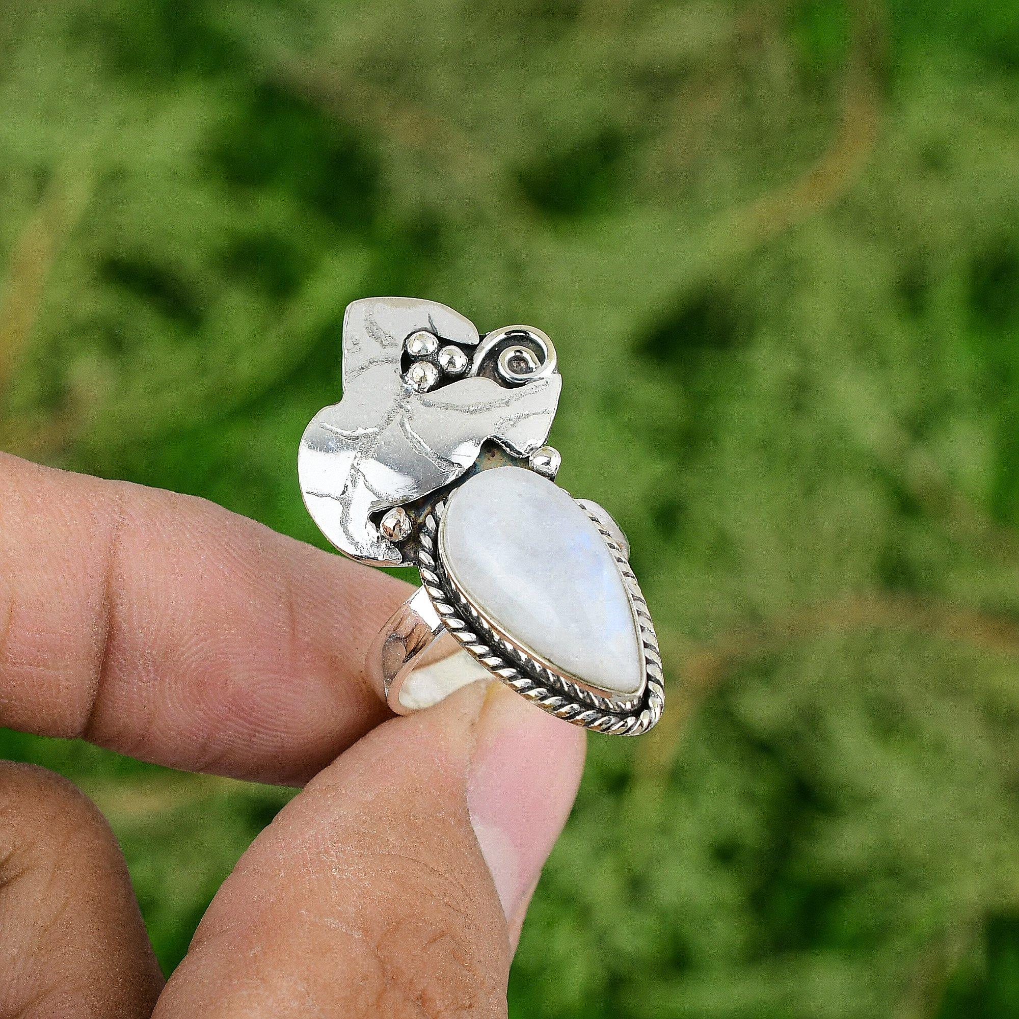 Sterling Silver Pear Natural Rainbow Moonstone Engagement Ring Jewelry US 8.5