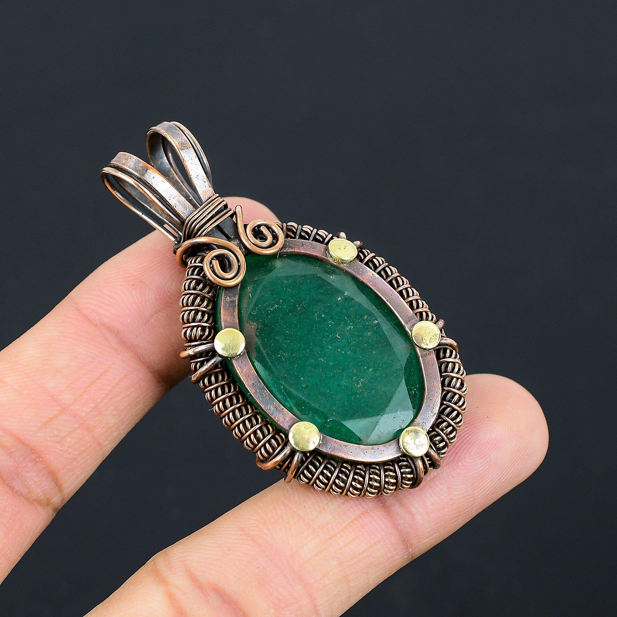 Lab-Created Emerald Gemstone Pure Copper Wire Wrapped Handmade Pendant Jewelry For Her