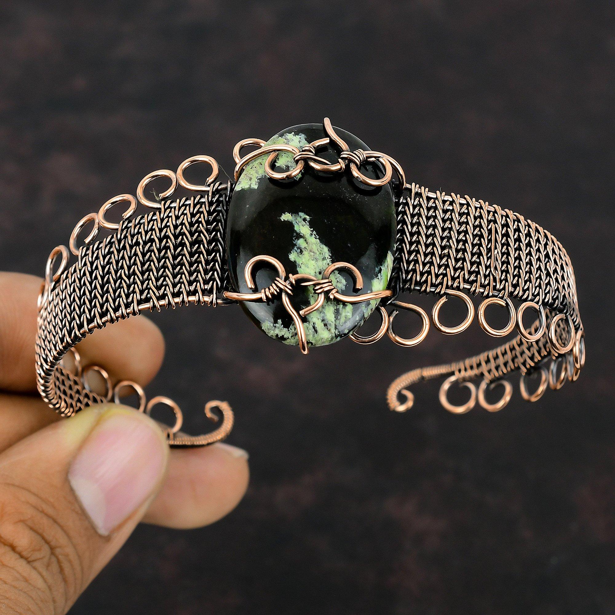 Australischer Chromchalcedon Armreif Kupferdraht umwickelt Edelstein Armreif Handgefertigt Verstellbarer Armreif Einzigartiger Kupferschmuck Geschenk für Sie