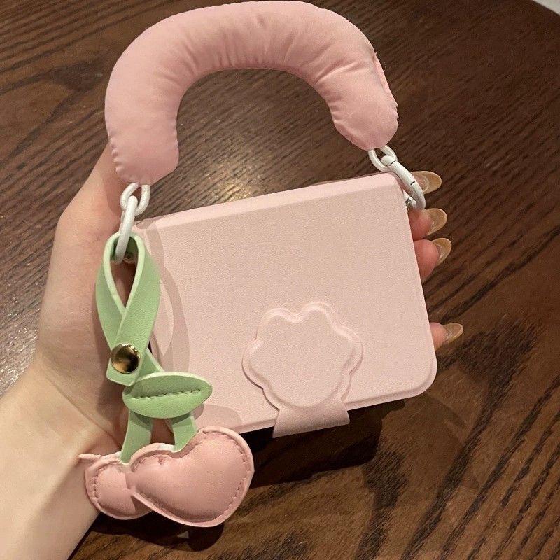 Book Style Pink Case for Samsung Z Flip6 zflip5 OPPO Find N3 N2Flip/Xiaomi Mix Flip2 Casing Cover Cute Cherry Pendant