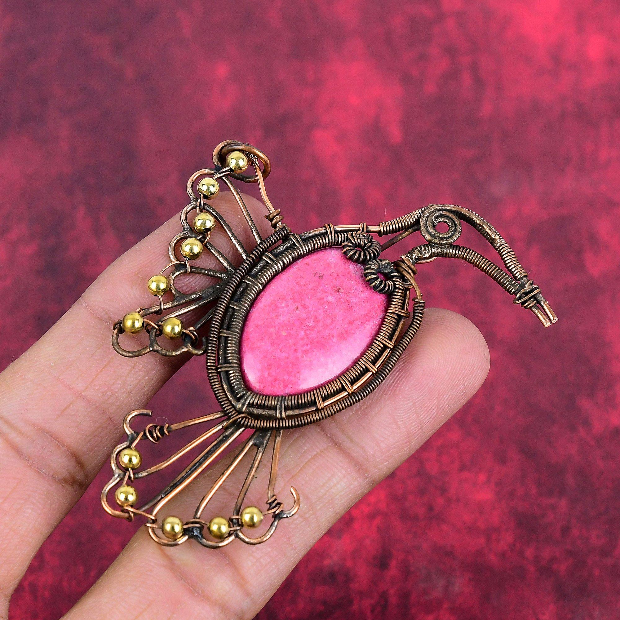 Thulite Pendant Copper Wire Wrapped Pendant Natural Gemstone Pendant Copper Wire Wrapped Bird Jewelry Handmade Stylish Pendant Gifts for Mom