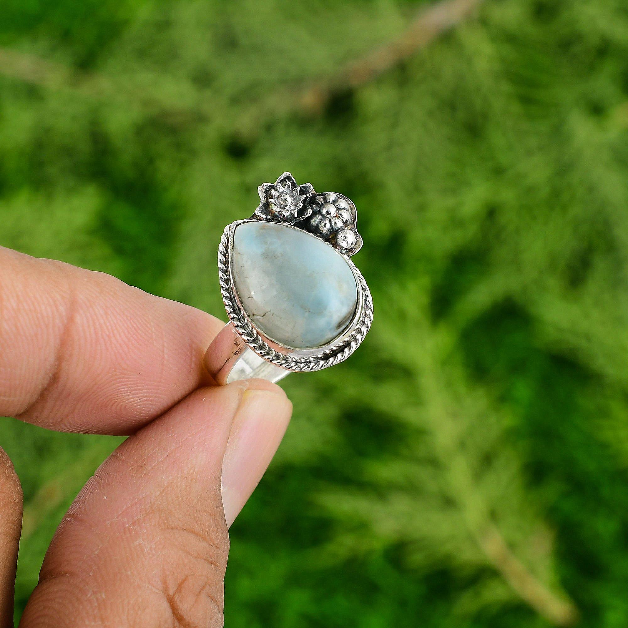 Larimar Stone 925 Sterling Silver Mother Boho Stackable New Flower Artisan Ring