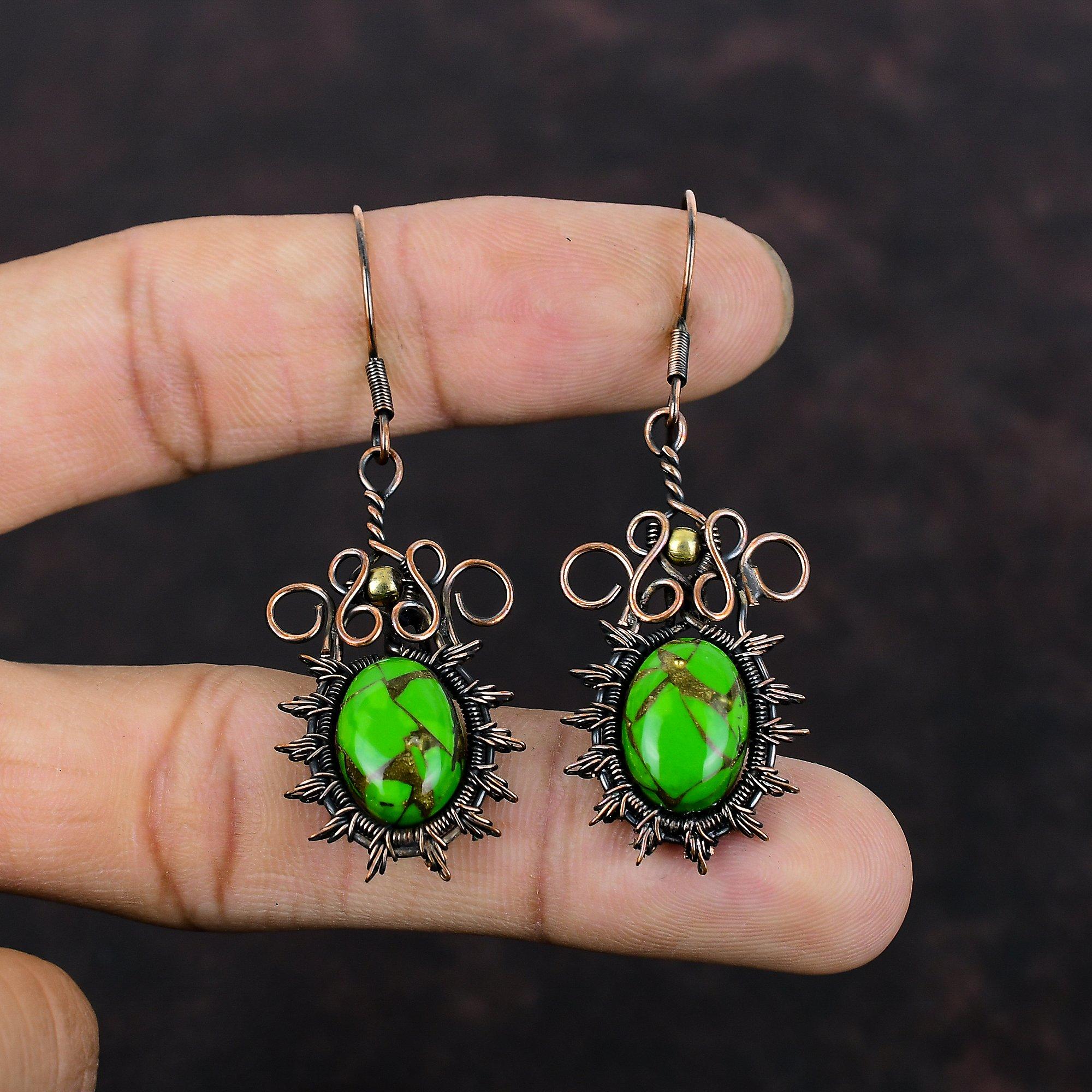 Copper Green Turquoise Earring Copper Wire Wrapped Earrings Beautiful Gemstone Jewelry Handmade Earring Anniversary Gift Copper Wire Jewelry