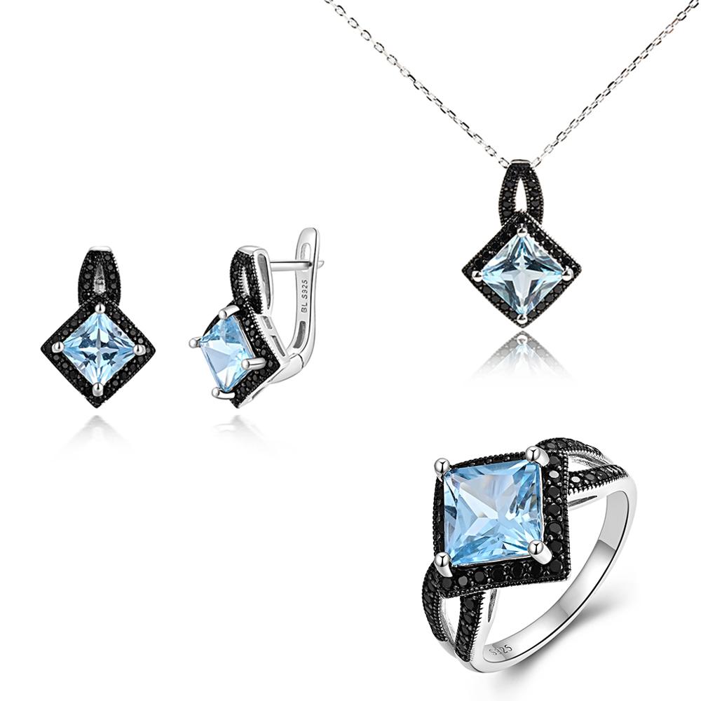 925 Silver Ring Earrings Pendant Necklace Natural Sky Blue Topaz Real Gemstone Fine Jewelry Set for Women's Daily and Party Wear