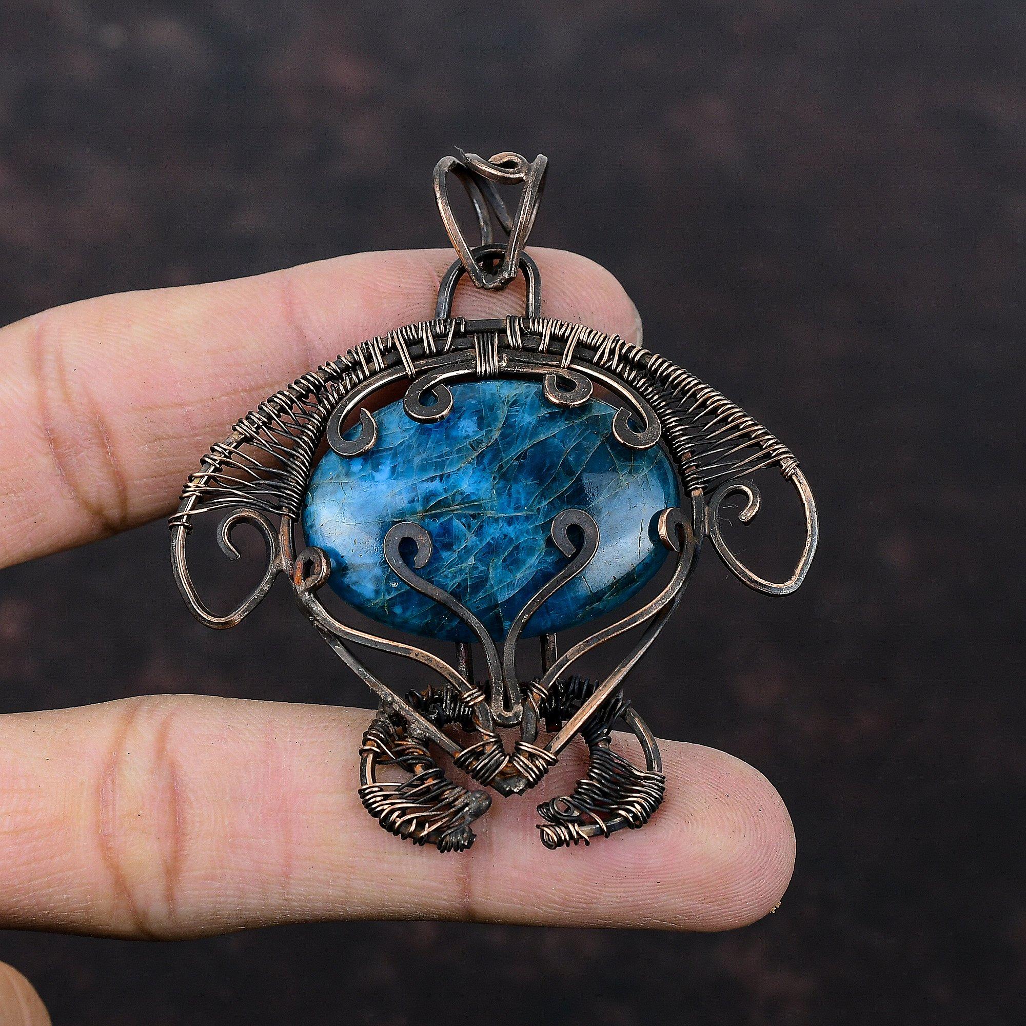 Neon Apatite Pendant Copper Wire Wrapped Pendant Natural Gemstone Pendant Copper Jewelry Handmade Tortoise Pendant Wire Jewelry Wedding Gift