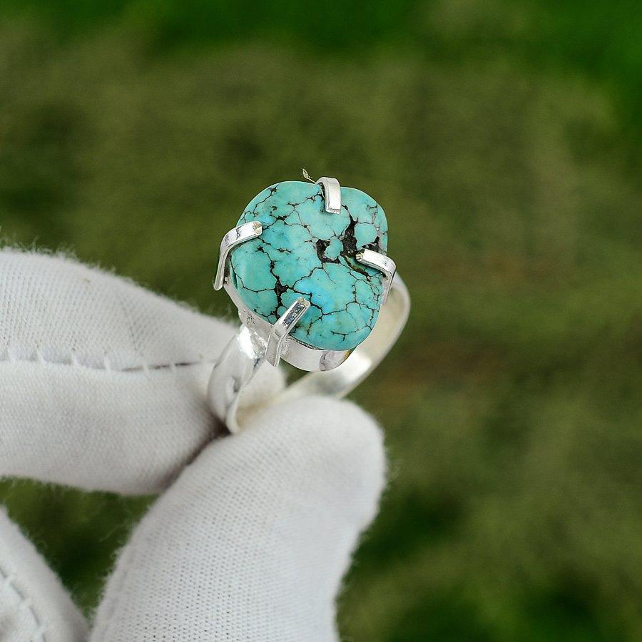 Pentagonowy Tybetański Kamień Turkusowy Statement Pierścionek dla Żony Srebro Próby 925 Rozmiar US 8.5