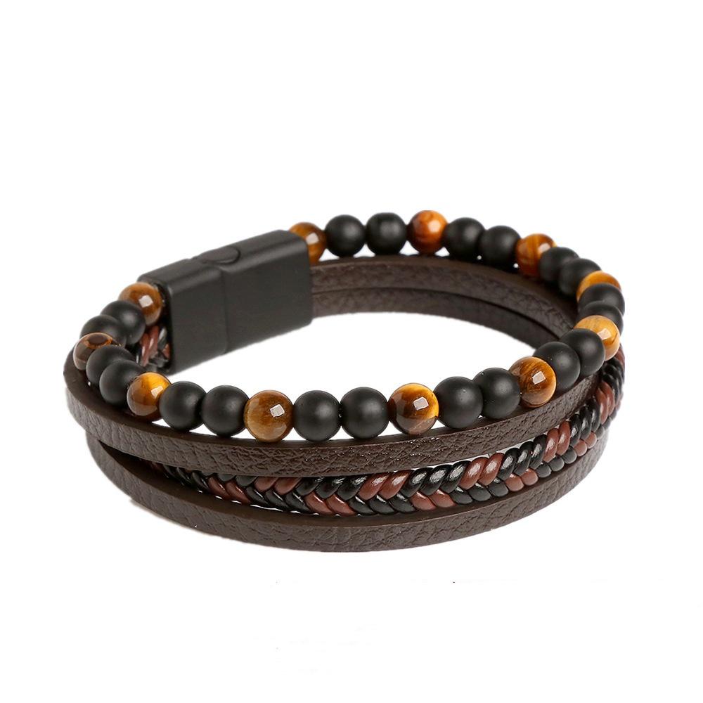 4-Layer Stone Hand-Woven Leather Bracelet for Men Punk Magnetic Buckle Jewelry