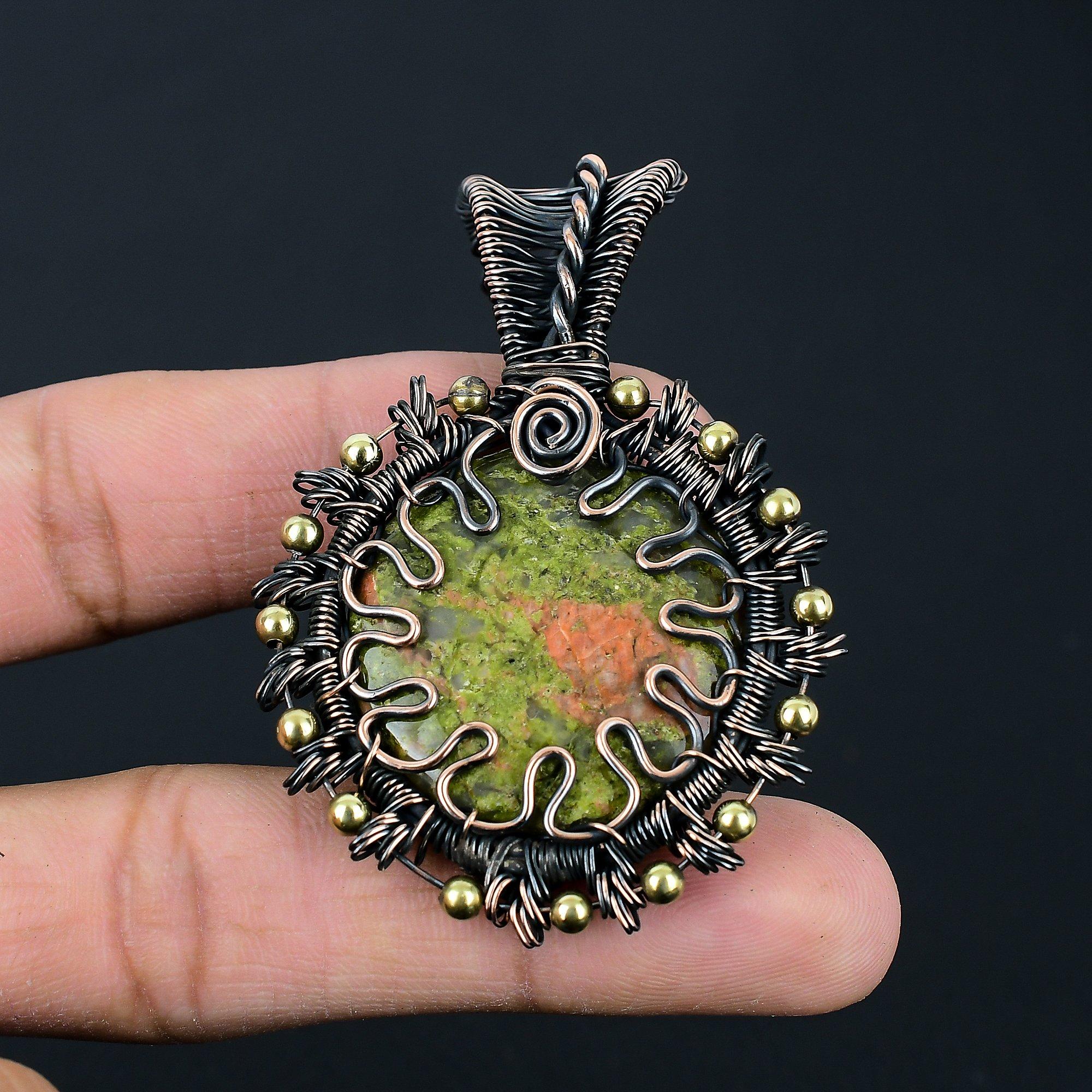 Piatră prețioasă Unakit Bijuterii lucrate manual cu înfășurare din sârmă de cupru Pandantiv superb pentru cadou de nuntă