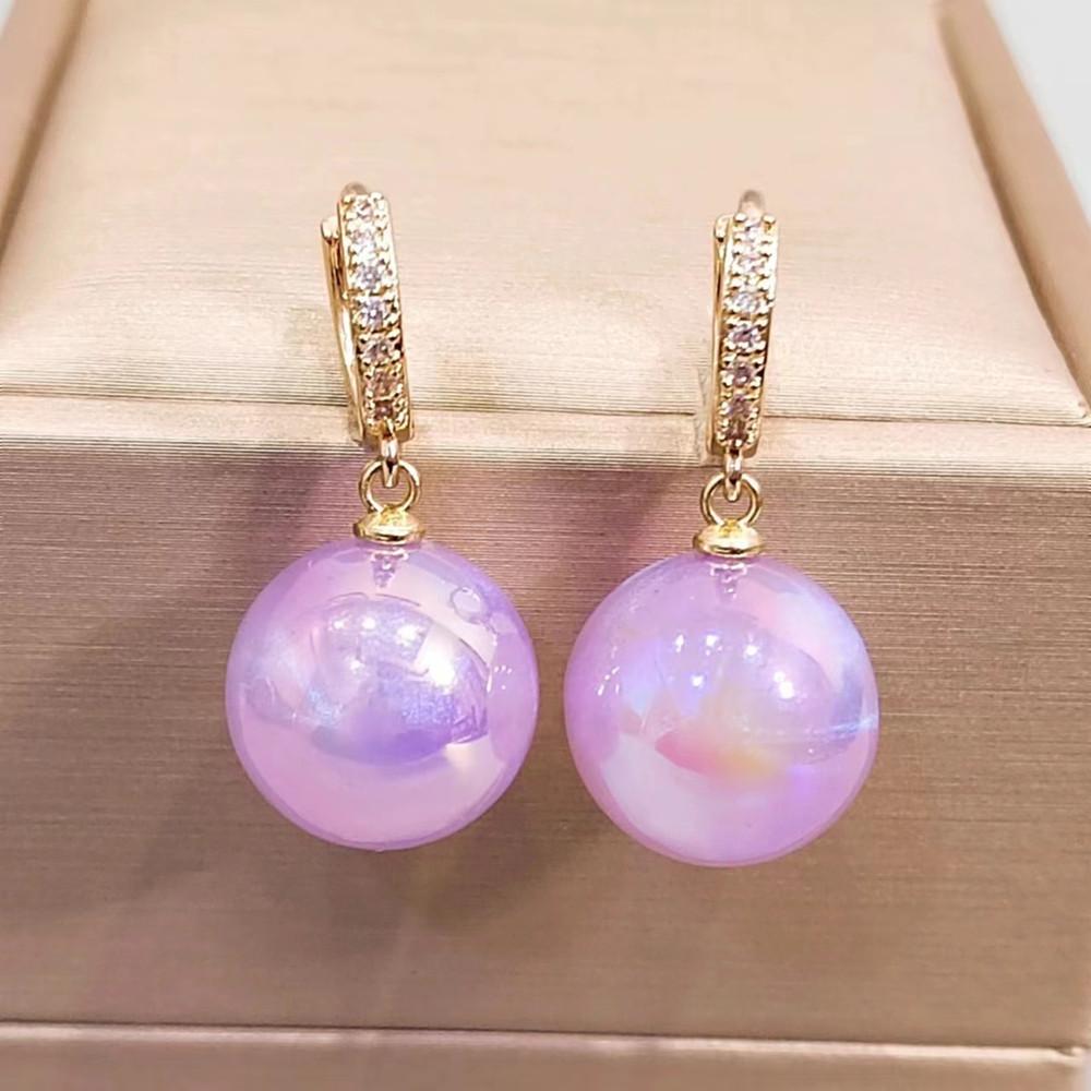 Trendy Purple Imitation Pearls Dangle Earrings for Women Cubic Zirconia Jewelry Party Accessories