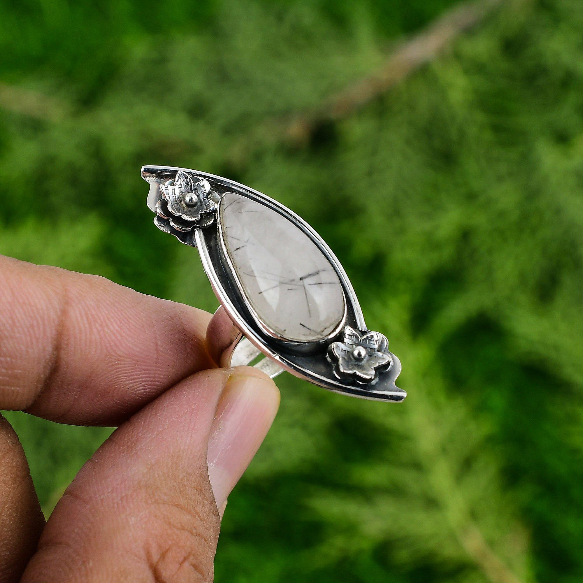 Natural Black Rutilated Quartz 925 Silver Flower Adjustable Ring For Girls