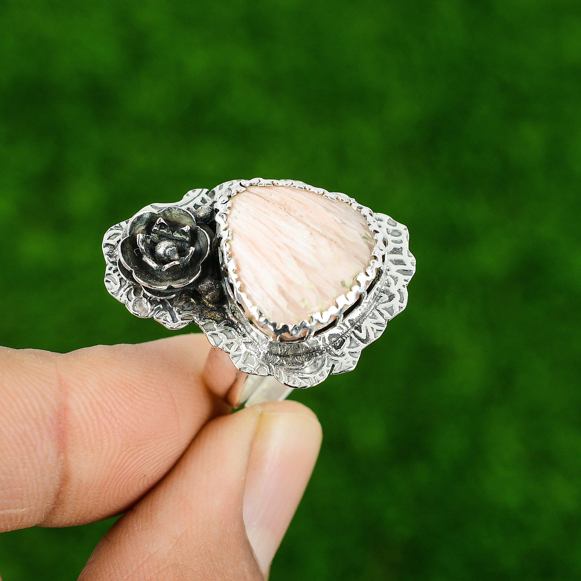 925 Silver Natural Scolecite Statement New Flower Daughter Ethnic Promise Ring