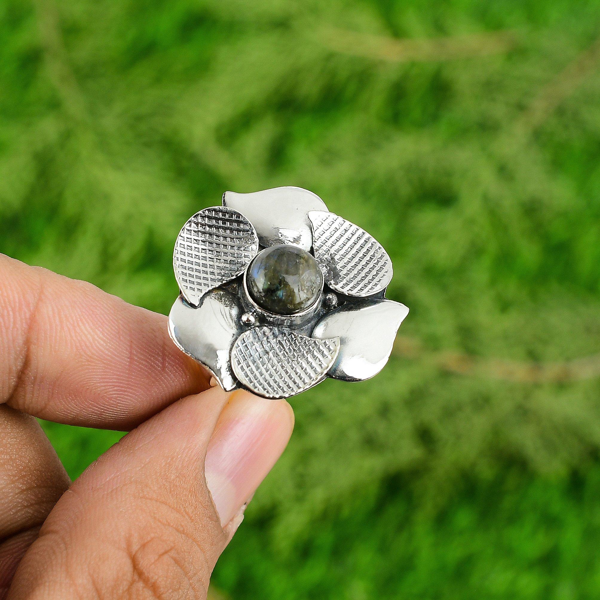925 Sterling Silver Natural Labradorite Stackable Flower Promise Ring Jewelry