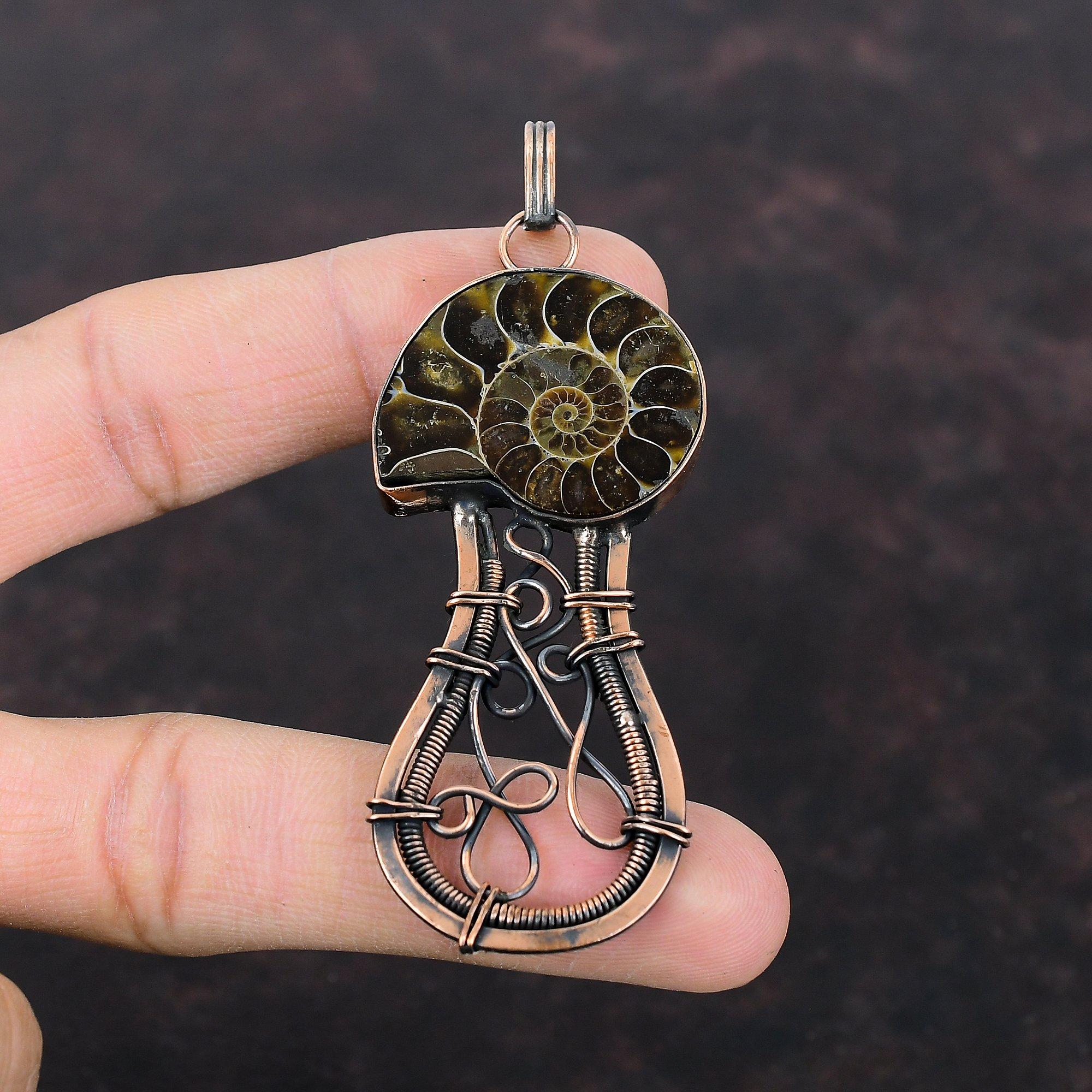 Ammonite Fossil Copper Pendant Copper Wire Wrapped Jewelry Handmade Pendant Top Quality Gemstone Jewelry Wire Wrapped Pendant Gift For Him