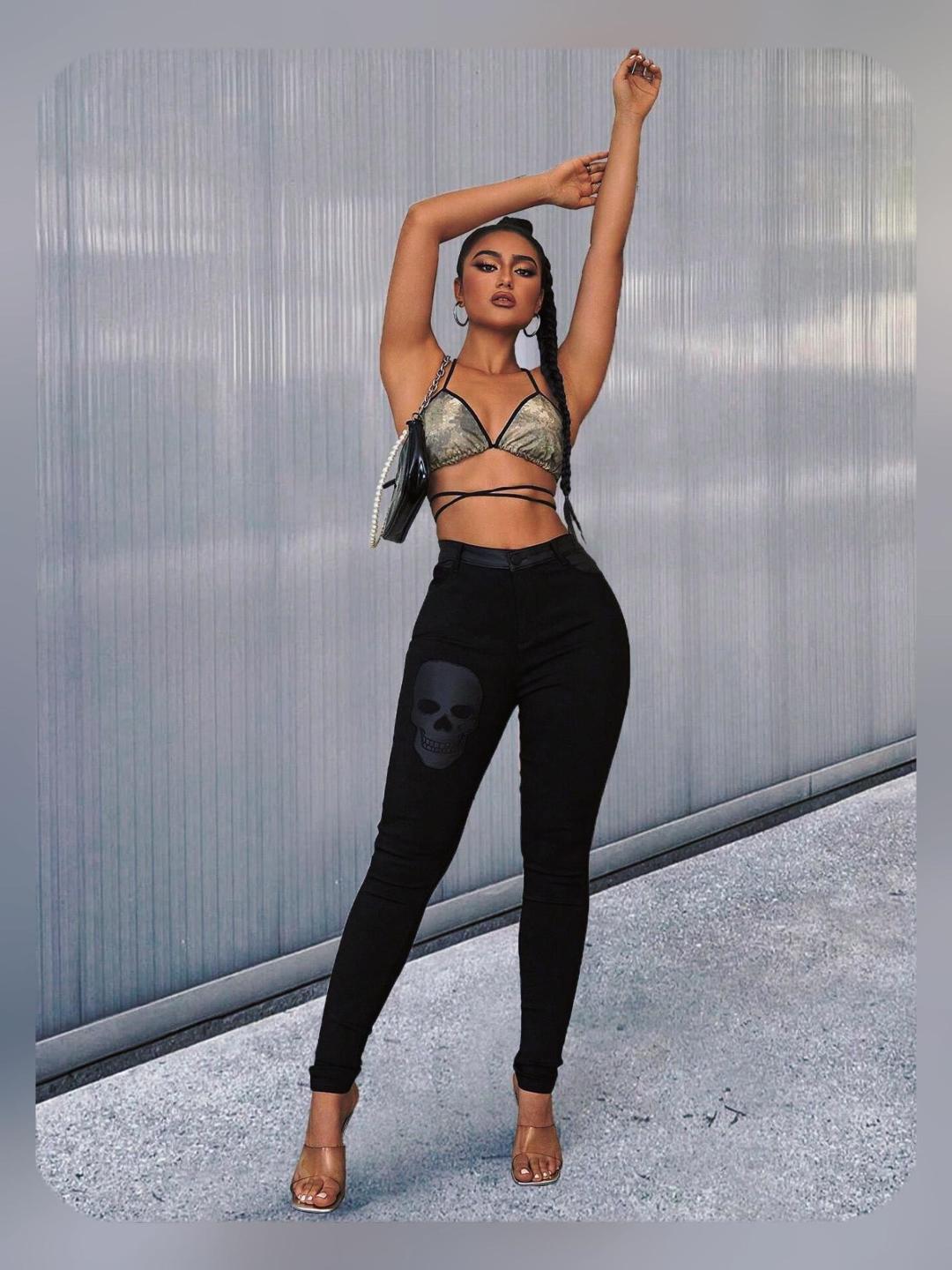 Rose Beauty A Women Punk Gothic Skull Pattern High Waist Leggings Solid Black PU Patch Pocket Waist Stretchy Skinny Pants Sexy Daily Casual Trousers