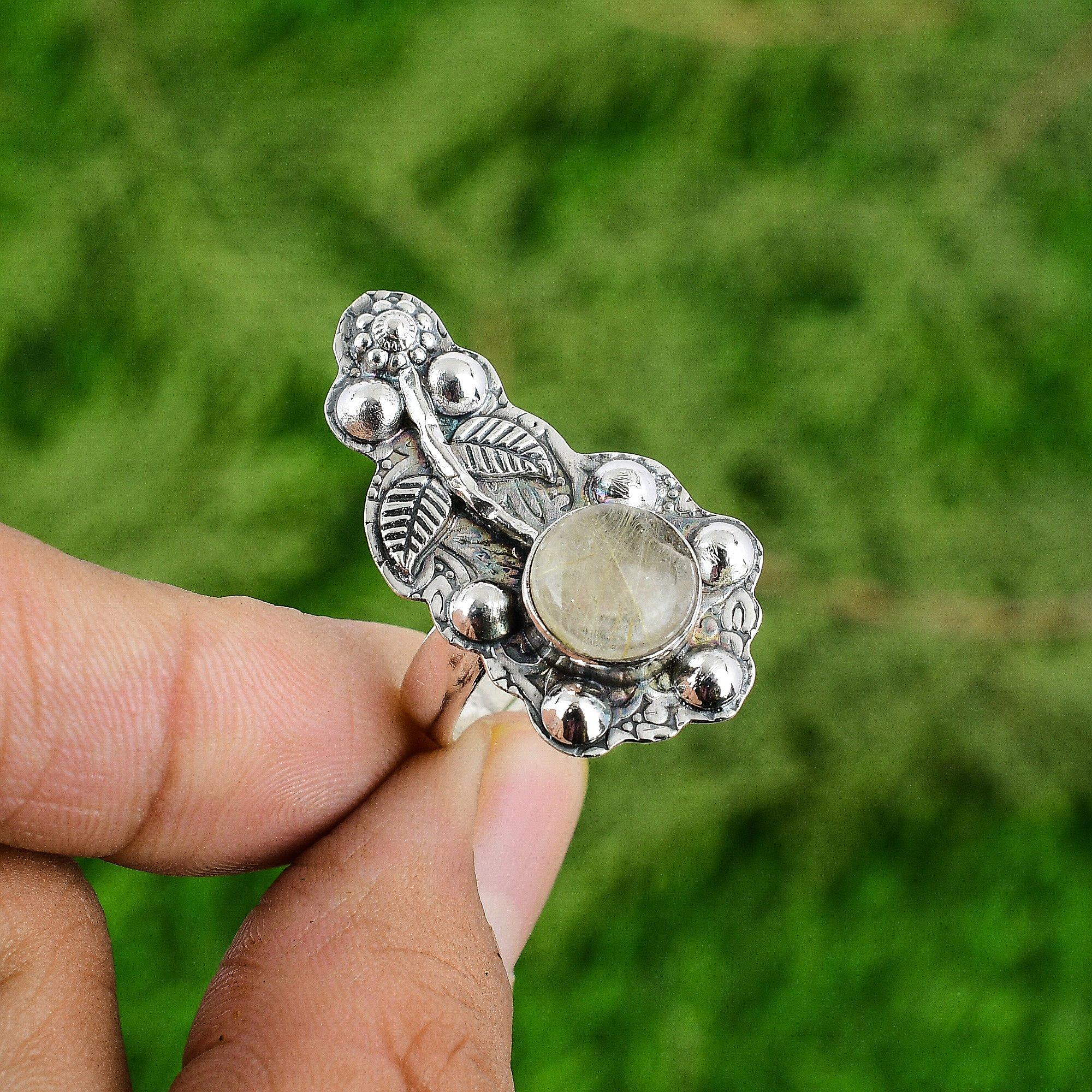 925 Sterling Silver Round Golden Rutile Gemstone Daughter Statement Flower Ring