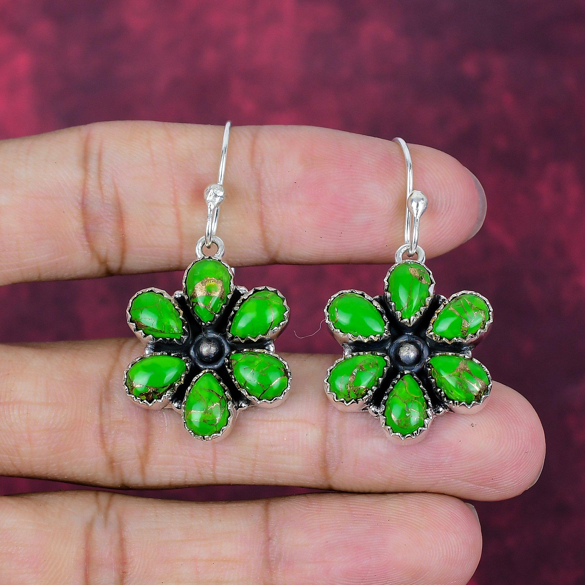 Green Copper Turquoise Handmade Gemstone Earrings, 925 Solid Sterling Silver Earrings Birthstone Jewelry, Love Forever Gift