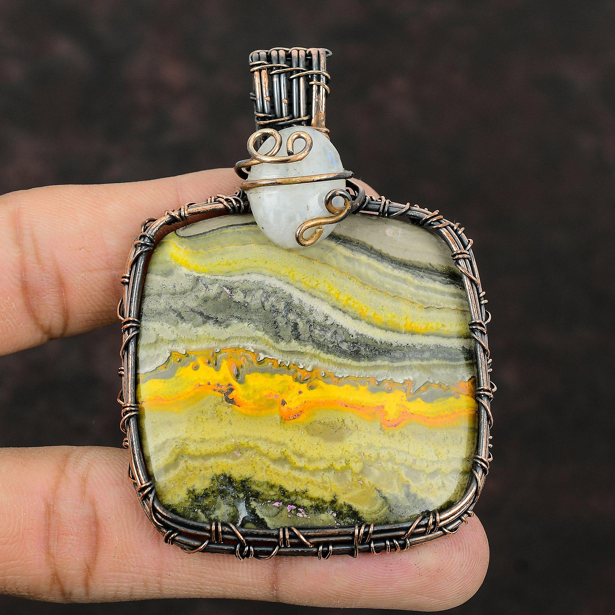 Bumble Bee Jasper Copper Wire Wrapped Pendant Rainbow Moonstone Pendant Gemstone Jewelry Handmade Pendant Copper Wire Jewelry Healing Stone