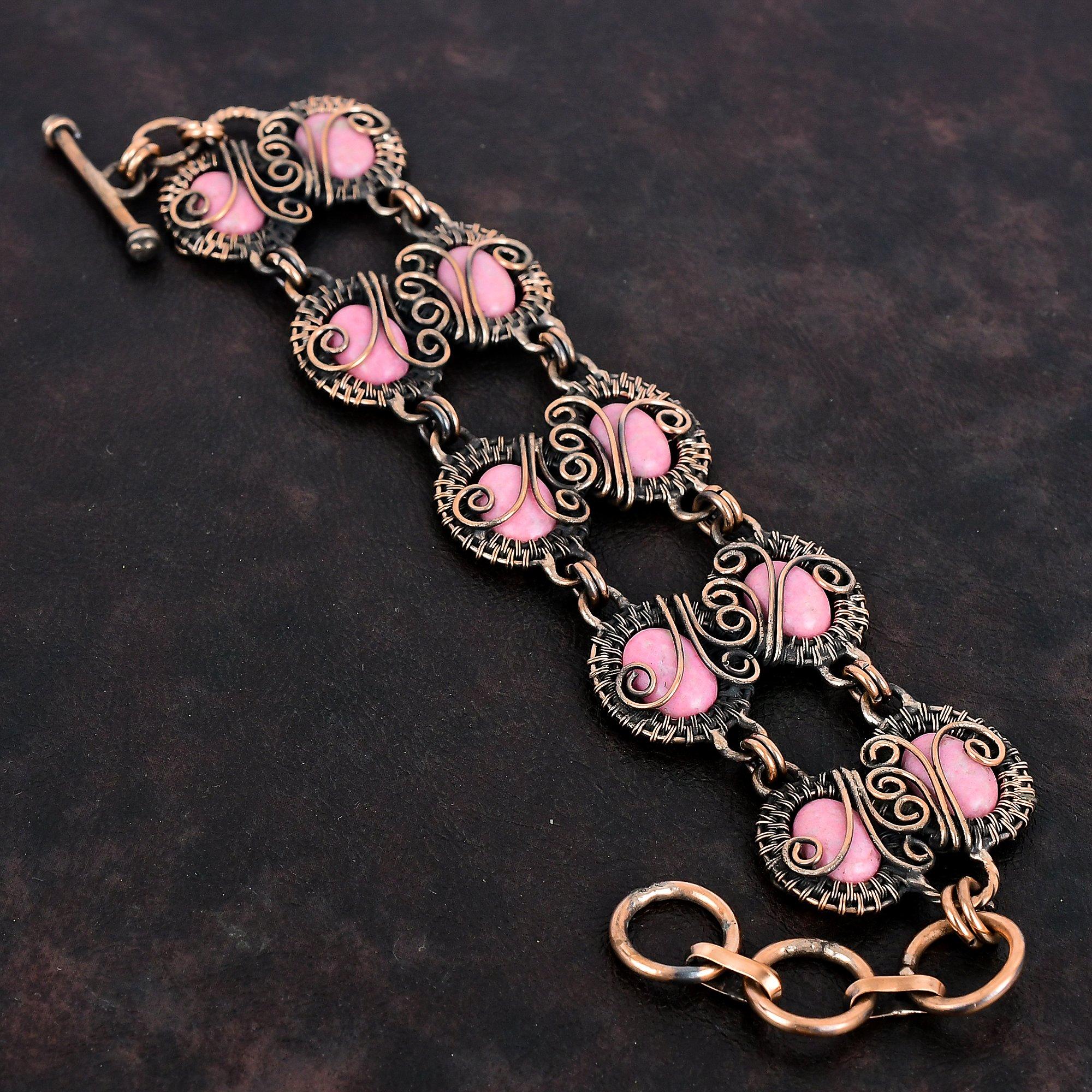 Thulite Bracelet Copper Wire Wrapped Gemstone Jewelry Adjustable Chain Bracelet Handmade Jewelry Copper Wire Wrap Bracelet Engagement Gifts