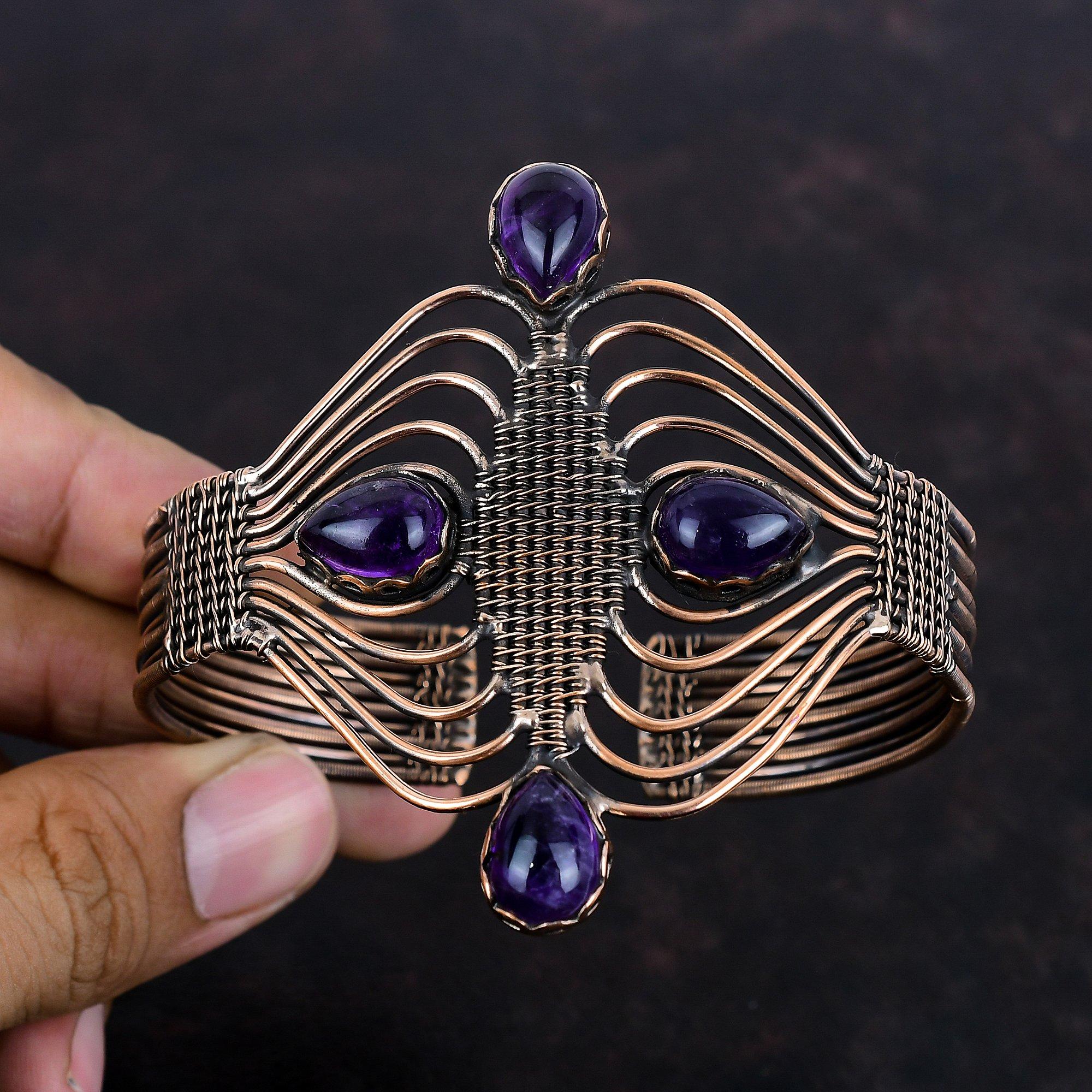 African Amethyst Cuff Bracelet Copper Wire Wrapped Bangle Adjustable Bangle Gemstone Handmade Bangle Elegant Copper Jewelry Engagement Gifts