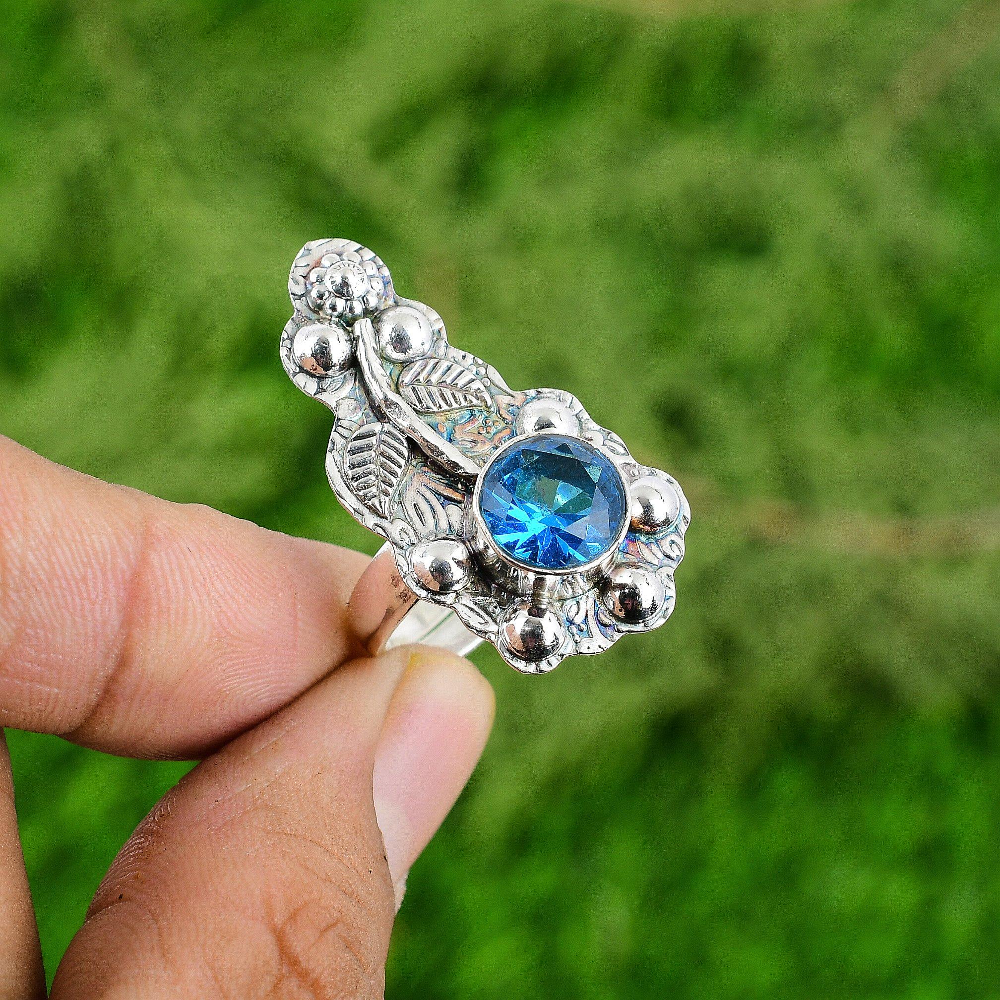 Mothers Day Deal 925 Silver Natural Swiss Blue Topaz Promise Flower Ring Jewelry