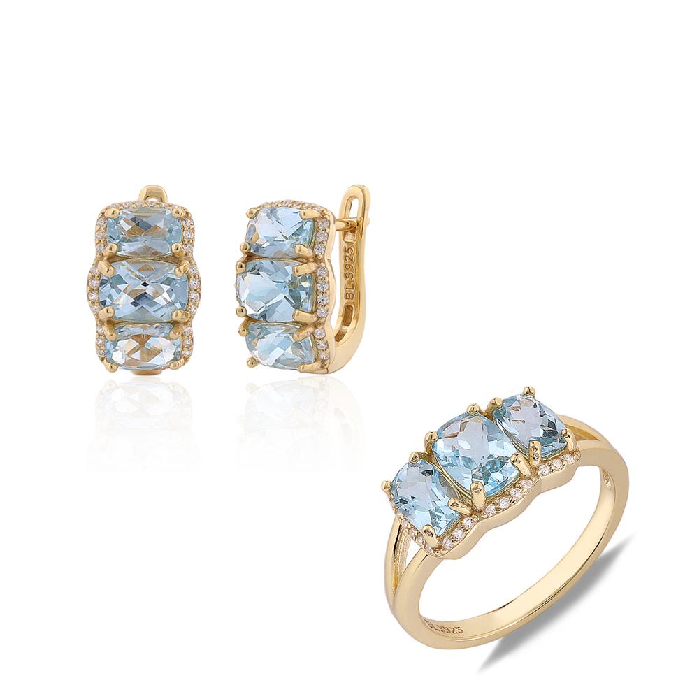 Natürlicher Himmelblauer Topas Ring Ohrringe Set 925er Sterlingsilber November Geburtsstein Feinschmuck für Damen Jubiläumsparty Geschenk