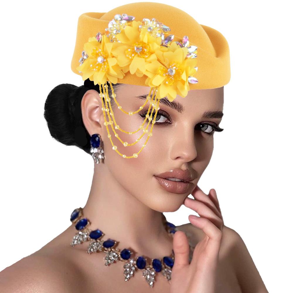 Retro British Hat for Women 3D Floral Rhinestone Decorated Beret Cap Cosplay Costume Accessories