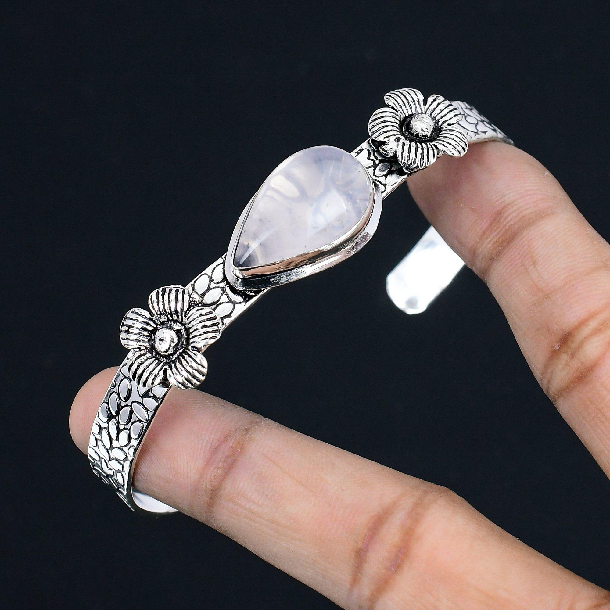 Daughters Day Sale Pear Natural Rose Quartz Sterling Silver Boho Bangle Jewelry