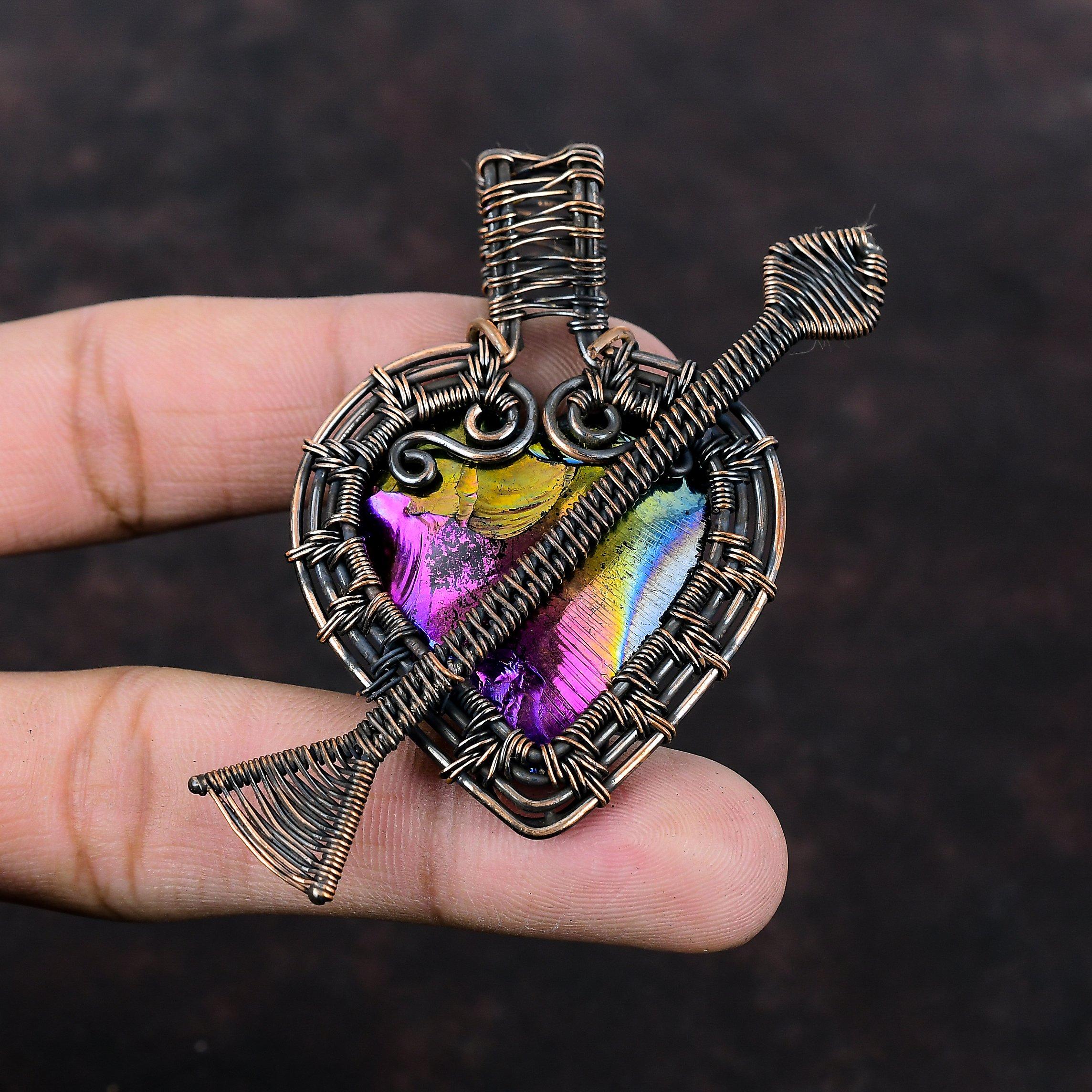 Titanium Druzy Pendant Copper Wire Wrapped Pendant Unique Gemstone Pendant Handmade Copper Wire Jewelry Gift For Him Heart And Arrow Pendant