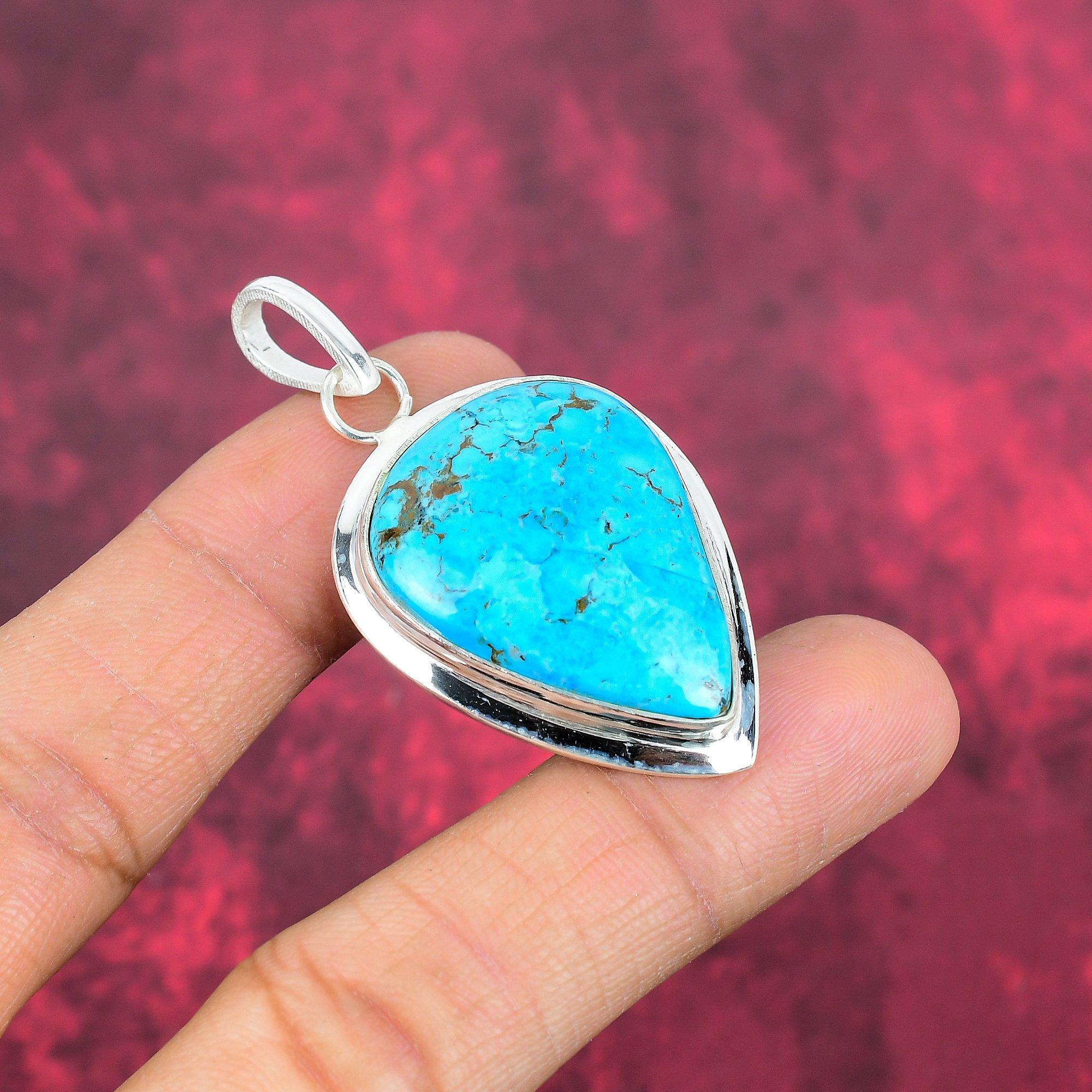 Blauer Türkis Handgemachter Edelstein Anhänger, 925 Sterling Silber Antik Schmuck Anhänger, Für Verlobungsgeschenk